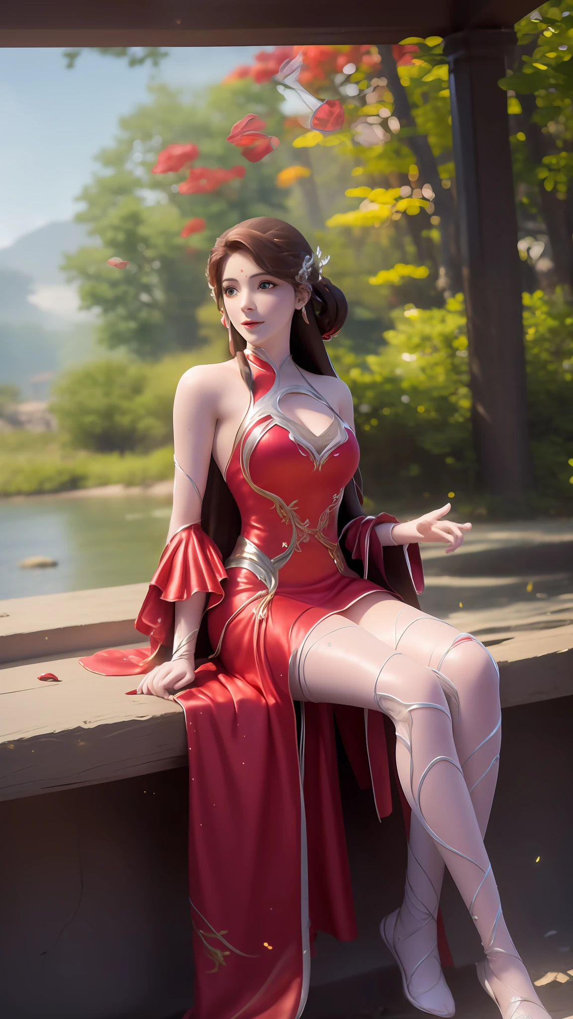 A mulher Araved de vestido está sentada em um banco vermelho perto da água, uma pintura fotorrealista inspirada em Magali Villeneuve, vencedor do concurso cgsociety, arte de fantasia, wearing gilded red mantos, senhora de armadura vermelha, wearing gilded red royal mantos, Linda dramatização, fantasia de bruxa escarlate, wearing wizard mantos, manto, aly caiu e artgerm