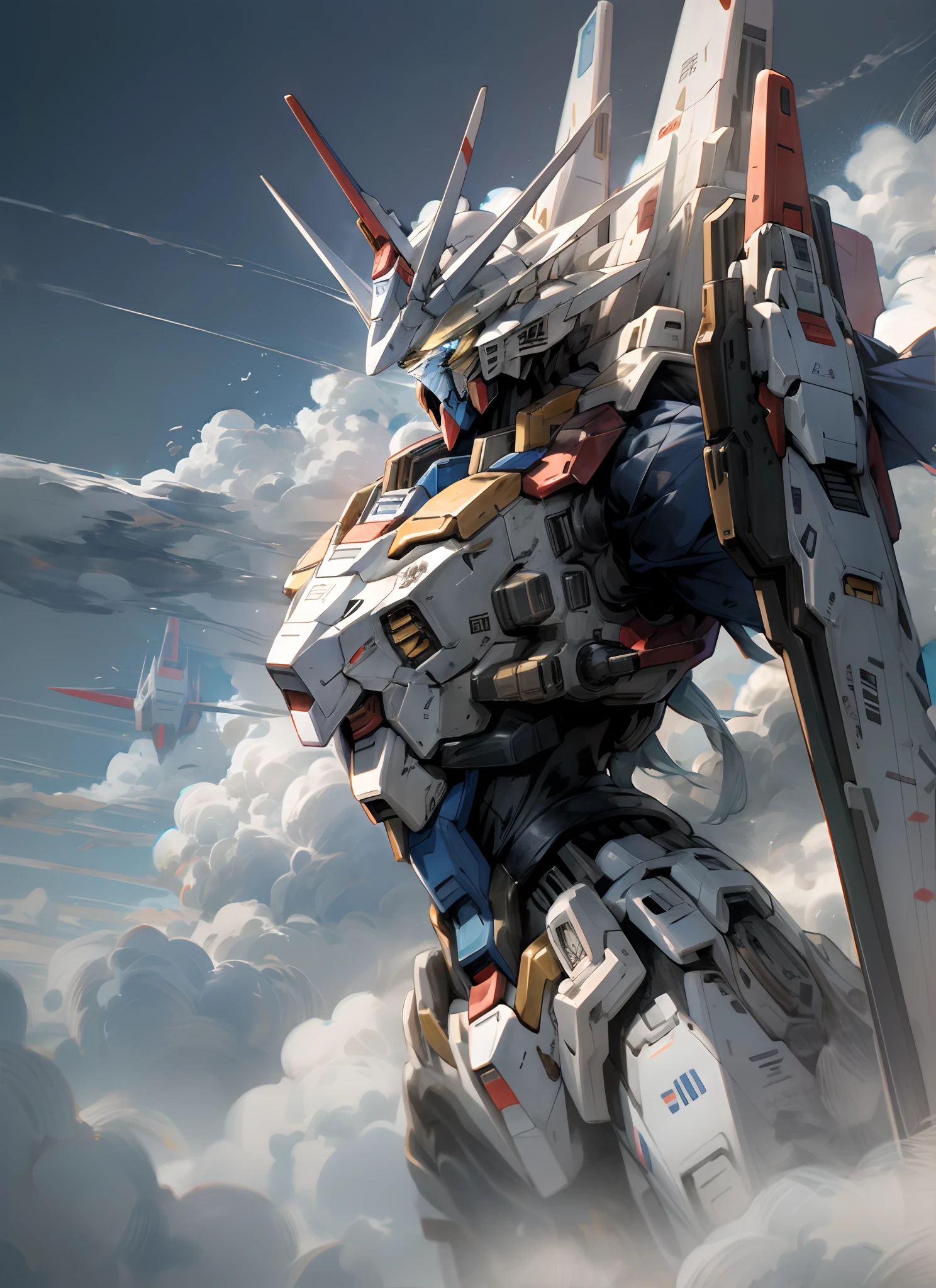 Gundam shuttles through the clouds