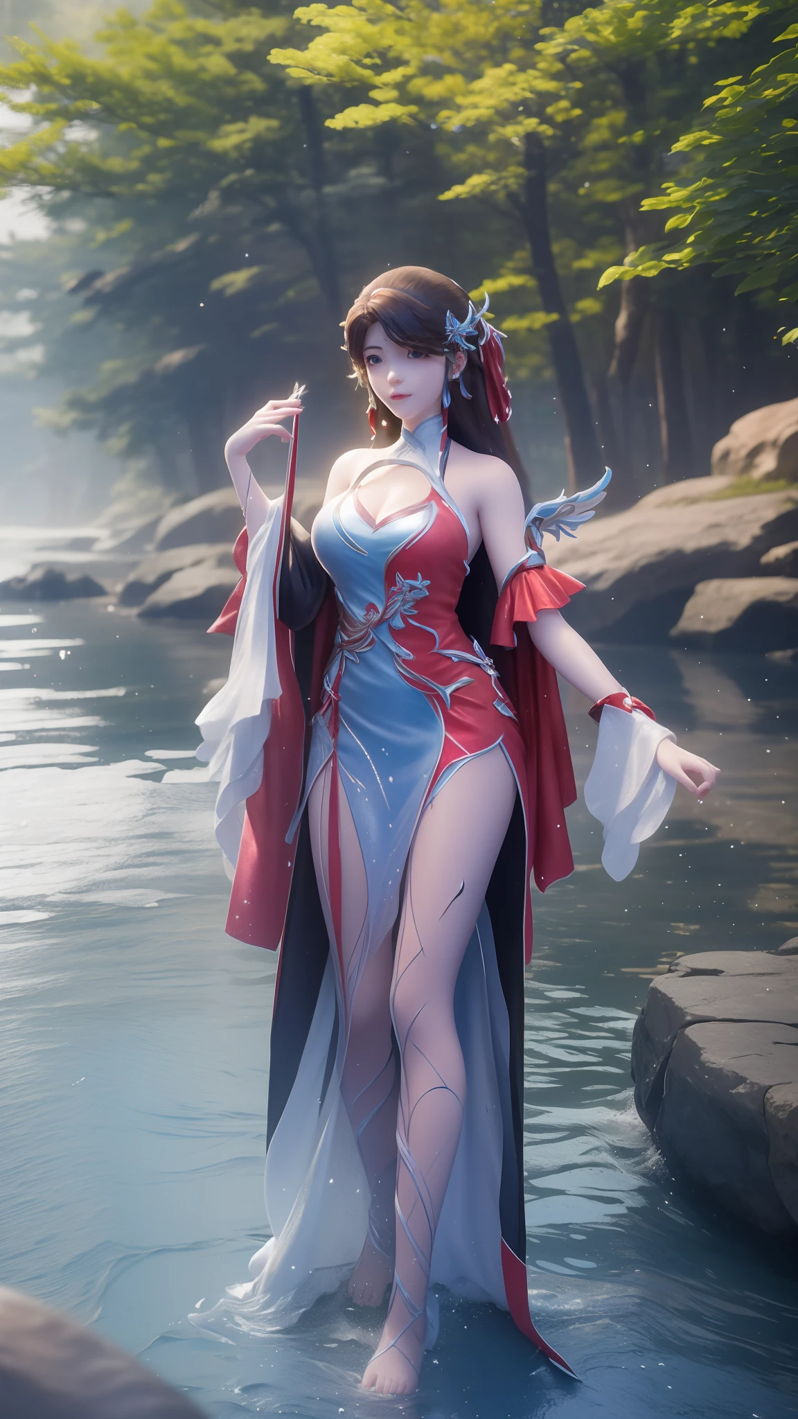 Arapei con un vestido azul y blanco estaba en el agua., Chica anime caminando sobre el agua, Fantasía de primer plano con magia de agua., estilo carril azul, tendencia en cgstation, cosplay chica anime, seraphine ahri kda, salpicadura de anime , tendencia en cgstation, agua realista, hada del agua, wlop y sakimichan