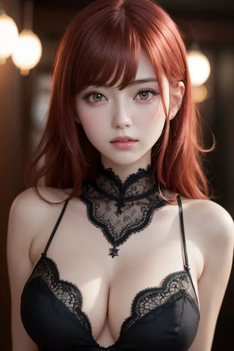 1girll, star eye, Blush, lighting perfect, Red hair, Red eyes, illusory engine, side-lighting, Detailed face, bangs, Bright Skin, full bodyesbian，Raised sexy，Black lace cluster