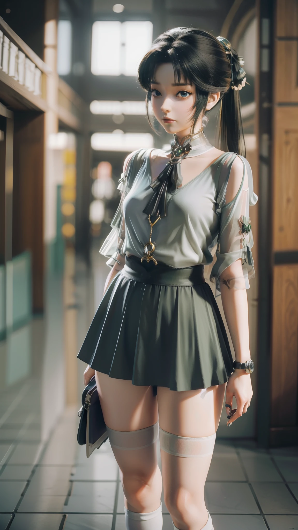 Arad woman posing for photo in short skirt and white shirt, Surrealism female students, Surrealism female students, Realistic schoolgirl, photorealistic anime girl rendering, thighhighs and skirt, 3 d anime realistic, small curvaceous loli, wearing skirt and high socks, Photorealistic anime, cute female student, Realistic anime 3 D style, female student