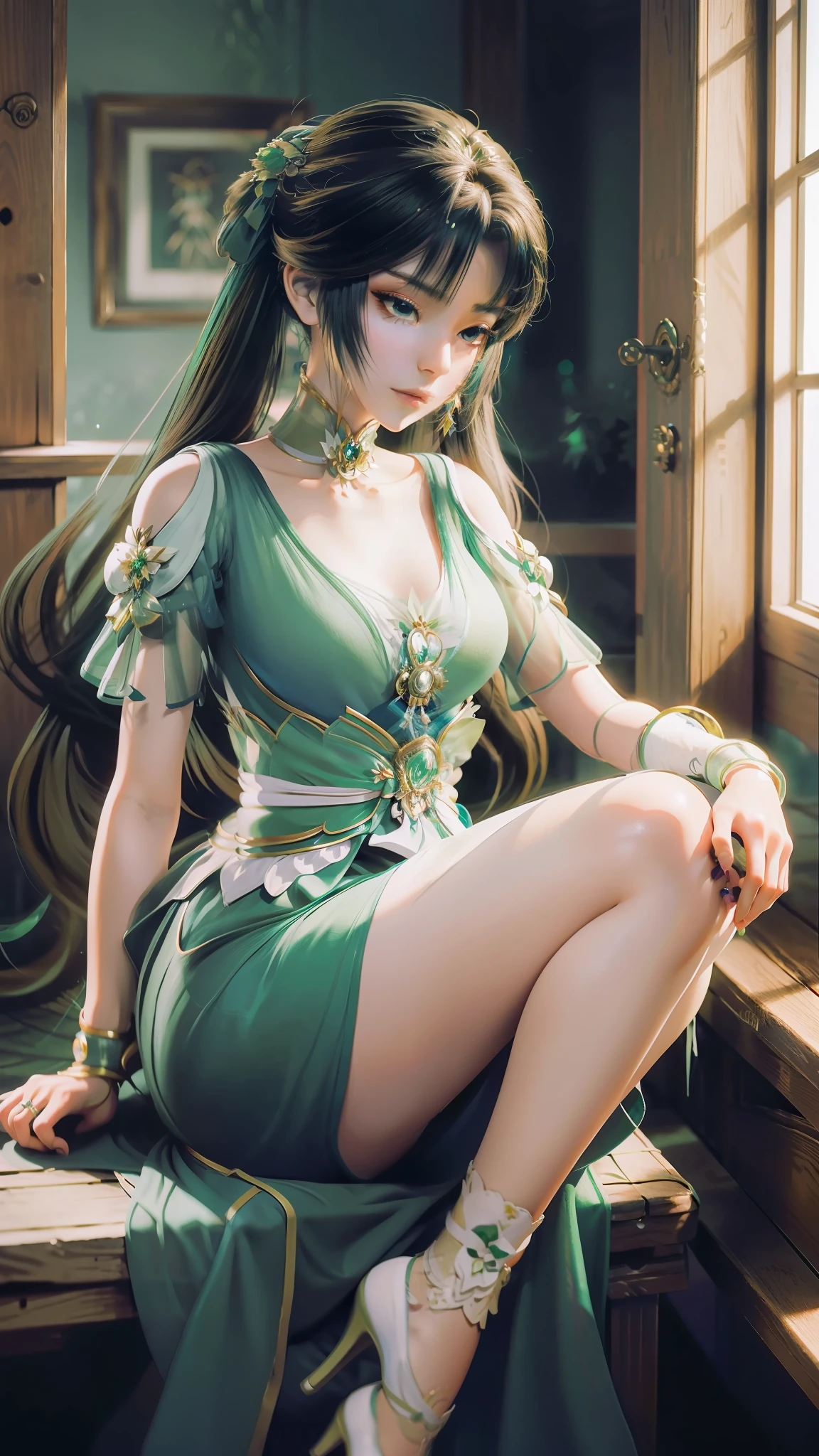 Arad mujer vestida sentada en el alféizar de la ventana, Lindo anime waifu con un bonito vestido., tendencia en cgstation, Arte detallado de alta calidad 8k, barbie anime en medias blancas, fanart exquisito muy detallado, germen artístico extremadamente detallado, la chica anime está agachada, túnica mágica que fluye, hermosa y seductora mujer anime, wlop y sakimichan