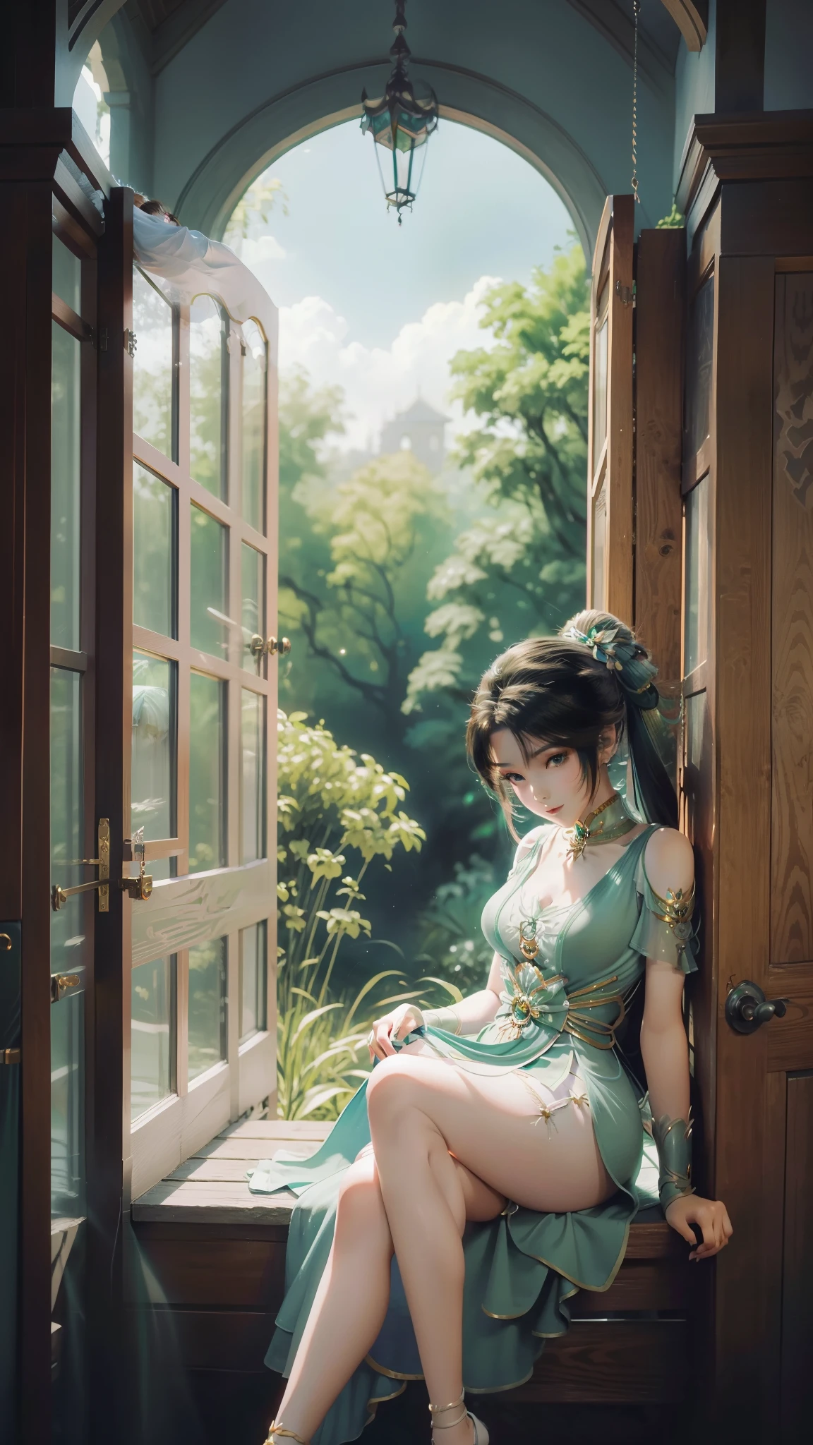 Arad-Frau im Kleid sitzt auf der Fensterbank, süße Anime-Waifu in einem schönen Kleid, Trends auf cgstation, 8k hochwertige, detaillierte Kunst, Anime-Barbie in weißen Strümpfen, hochdetailliertes, exquisites Fanart, extrem detailliertes Artgerm, das Anime-Mädchen hockt, fließendes magisches Gewand, schöne und verführerische Anime-Frau, WLOP und Sakimichan