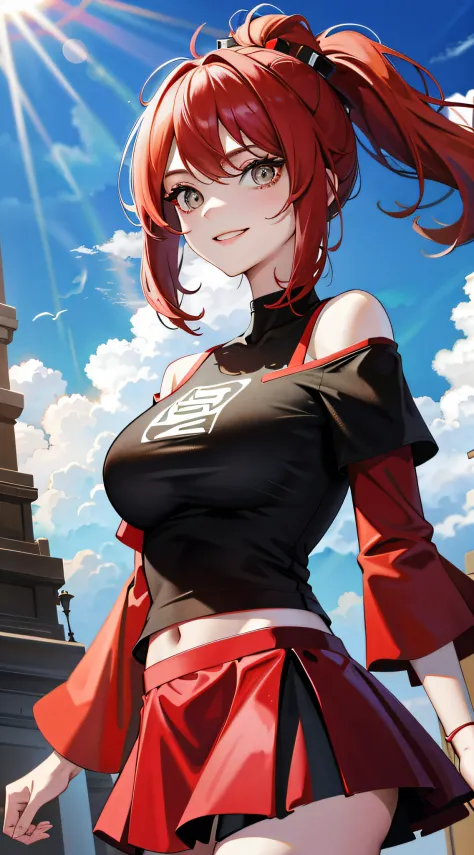 （tmasterpiece，best qualtiy：1.4），1个Giant Breast Girl，Black off-the-shoulder T-shirt on the upper body，The bottom is a red miniskirt，looking at the audience smiling，rays of sunshine，mostly cloudy sky，