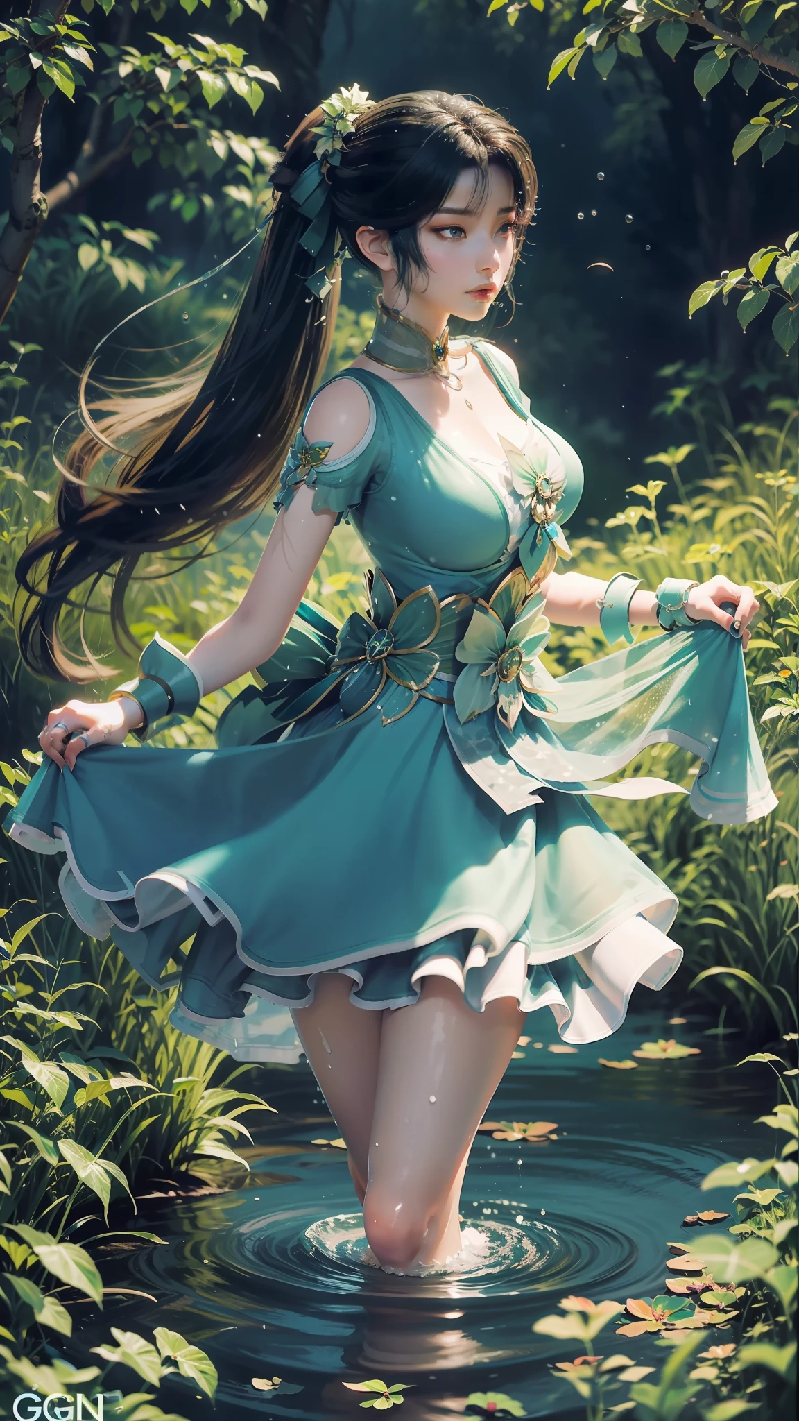 Arapei in a dress stands in the water, Anime girl walking on water, closeup fantasy with water magic, azur lane style, trending on cgstation, Anime girl cosplay, seraphine ahri kda, Splash art anime Loli, trending at cgstation, realistic water, water fairy, WLOP and Sakimichan