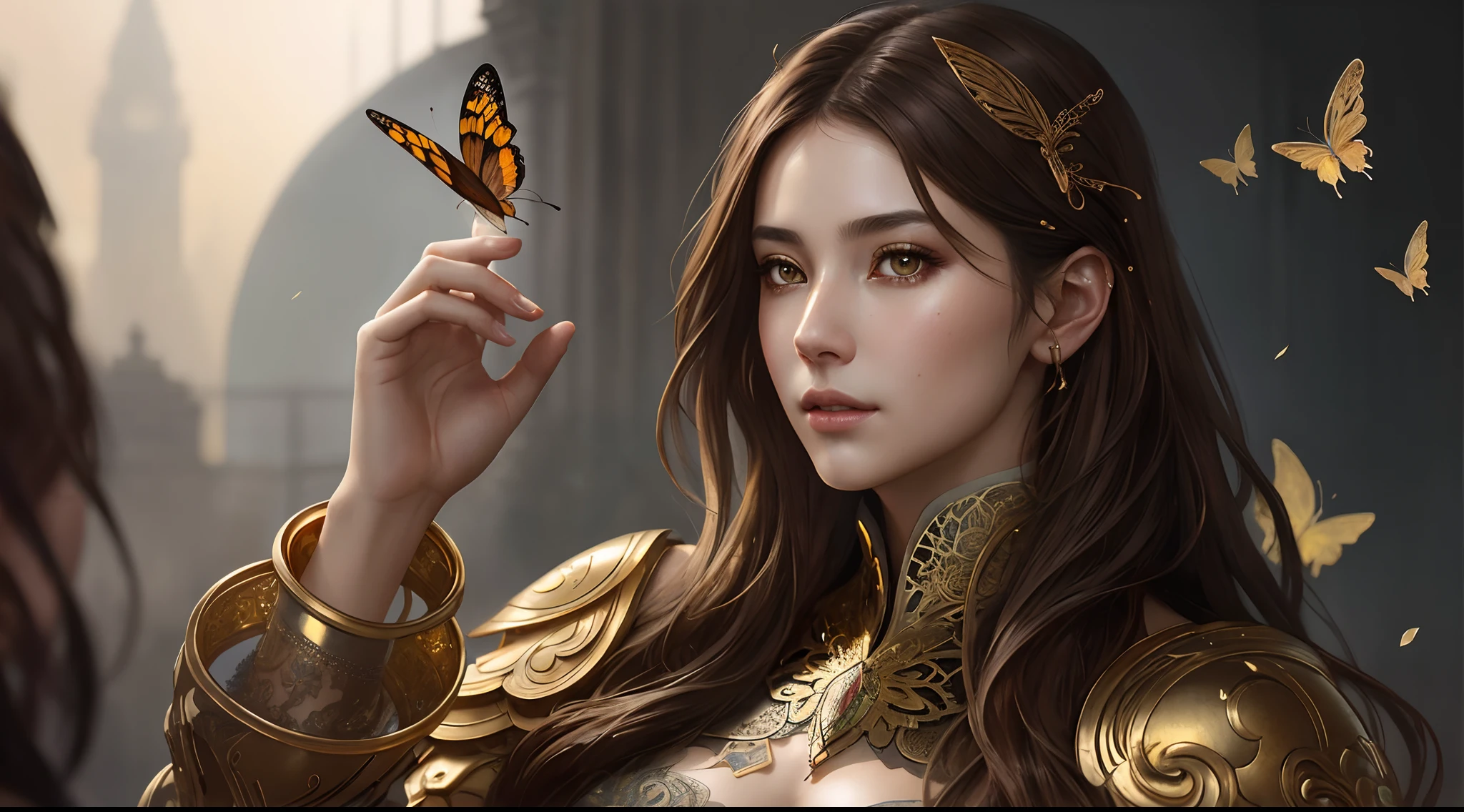 Portrait 8k d&#39;un beau cyborg aux cheveux bruns, complexe, élégant, très détaillé, majestueux, la photographie numérique, art par artgerm et ruan jia et greg rutkowski peinture surréaliste filigrane de papillon d’or, verre brisé, (chef-d&#39;œuvre, éclairage latéral, de beaux yeux finement détaillés: 1.2), HDR,