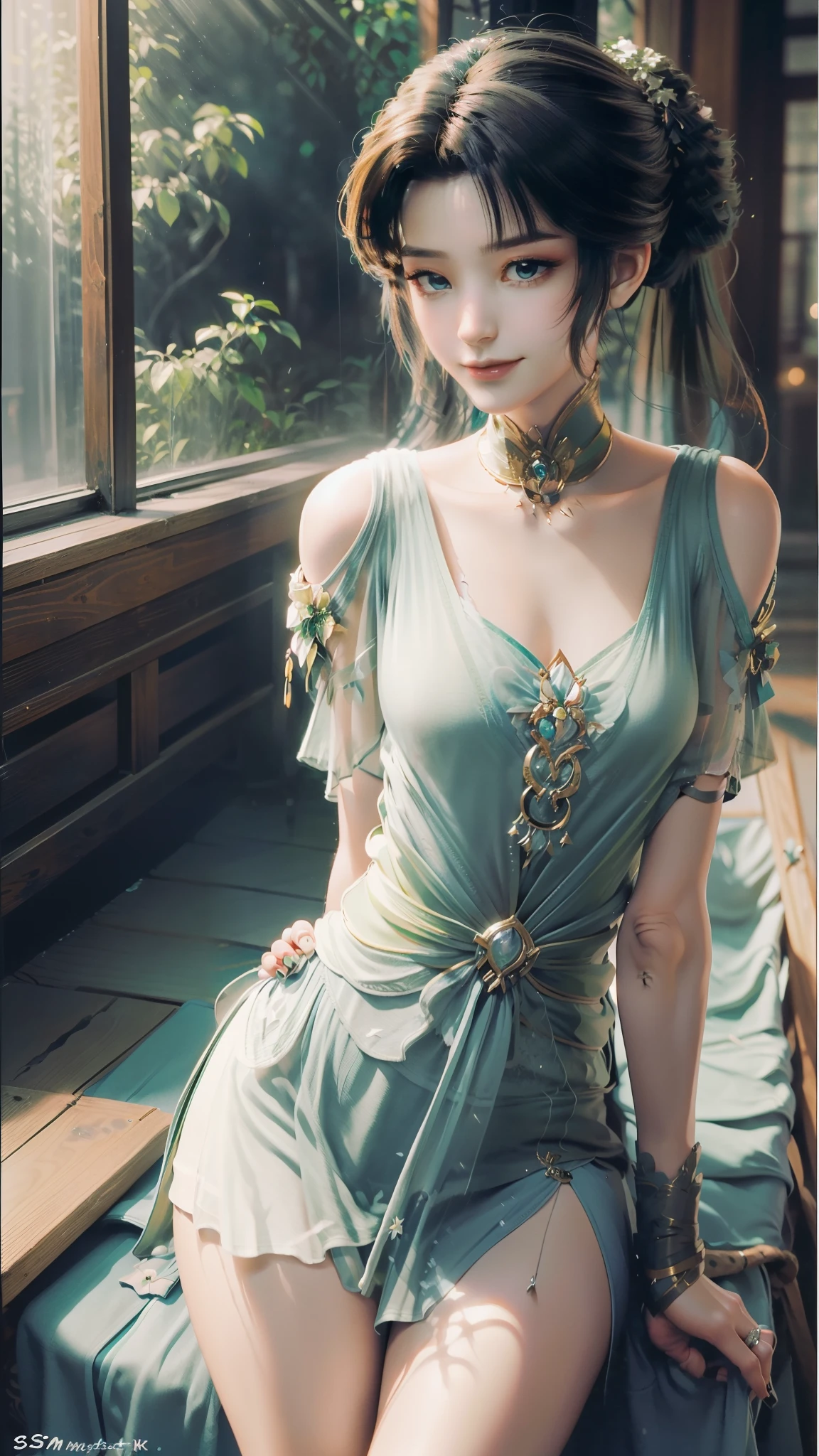 ((Best Picture Quality, 8k, tmasterpiece:1.3)), 1girl, Beautiful woman with slender abs:1.3, (Casual hairstyle), Princess dress:1.1, Ultra-fine face, A detailed eye, 二重まぶた，ssmile，Home