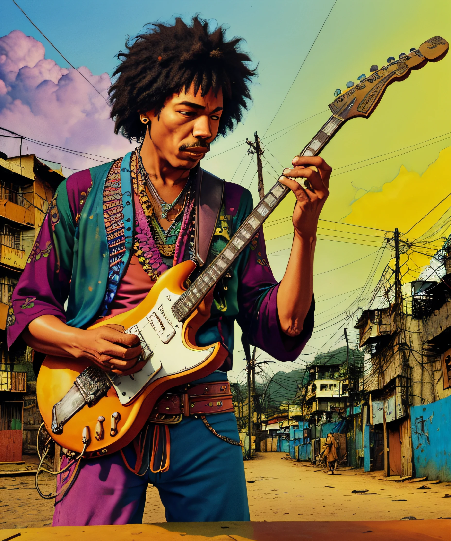 (Jimi Hendrix playing guitar in Rio de Janeiro favela, creative):0.8, music, Vibrant, Immersive atmosphere, bright coloured, contagious energy