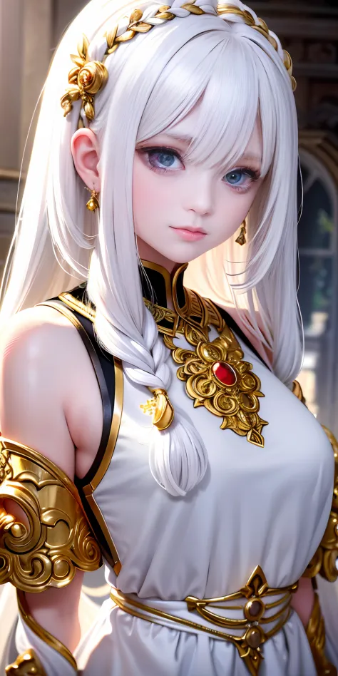 best quality, masterpiece,white hair, gold eyes,white clothes, looking up, upper body,hair strand,Fair skin,side braids