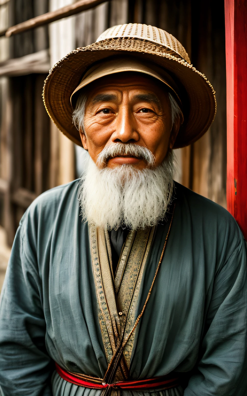 Portrait photography style，A masterpiece of the world，Ultra-unique, highly professional digital art，Film format，Hyper-realistic，Color motion picture film photography with ultra-fine detail and quality，Old house in the background，Old Man of the East，Wise old man。Wear a hat and helmet，The eyes are kind and shrewd。His skin had been blackened and powerful by the sun and rain，Wrinkles are fixed on the corners of the mouth and forehead，It seems that his years have precipitated。Wear traditional clothing, although the appearance is simple，But it exudes sublime wisdom and a sense of tenacity of strength。