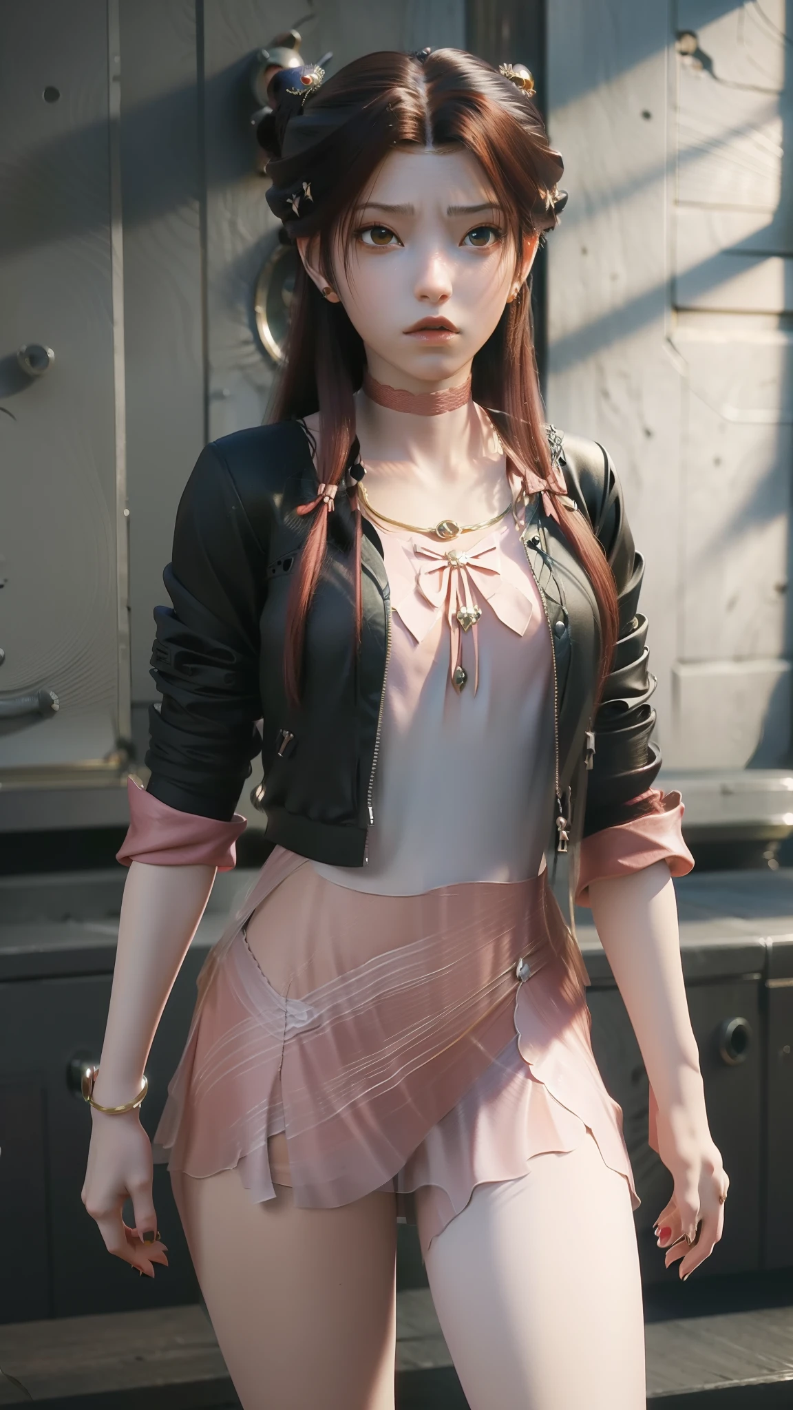 anime - style image of a woman in a short skirt and jacket, a photorealistic painting by Kentaro Miura, Trend of CGsociety, conceptual art, Smooth anime CG art, made with anime painter studio, Realistic anime 3 D style, photorealistic anime girl rendering, drawn in anime painter studio, Photorealistic anime, anime styled 3d, 3 d anime realistic