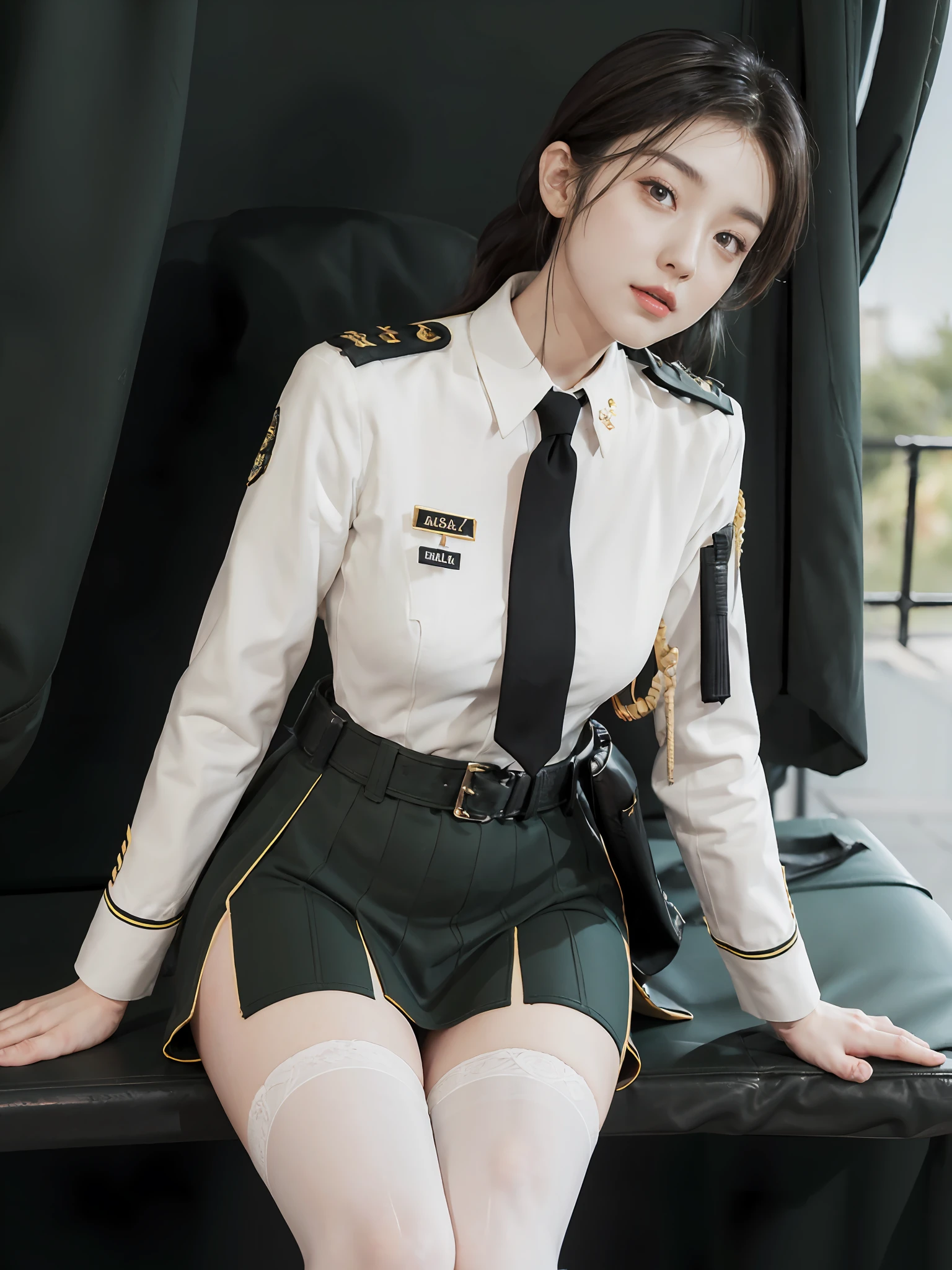 Very detailed CG unity 8K wallpaper，（tmasterpiece），（best qualtiy），（ultra - detailed），（Ultra photo realsisim），（best character detail：1.36），Nikon D750 f / 1.4 55mm，profesional lighting， physically-based renderingt, 1girll, Female soldier，army suit，Green military uniform，Fabric texture military uniform，Dark green tie，Army green skirt，military hat，Black hair，the golden ratio,[:(com rosto detalhado:1.2):0.2]:,PureErosFace_V1, broad shoulder,(Bigchest:1.5),(big assa:1.5)，Wide buttock ，Bare legged，Plump legs，Move the center of gravity back，Squat on the grass，Spread your legs apart，The skirt covers the bottom of the skirt，whitestocking，Small black leather shoes，hands lying on thighs，Soaked with sweat，red flags，At the cafe，Night Street，bright sun，Look at the audience from the front，Bright smile，White teeth，lighting，Contre-Jour，