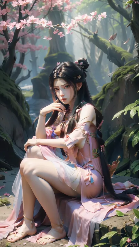 Dressed in pink and blue, Arapei sits on a pink blanket, concept-art：Hero, Trend of CGsociety, Fantasy art, Guviz-style artwork,...