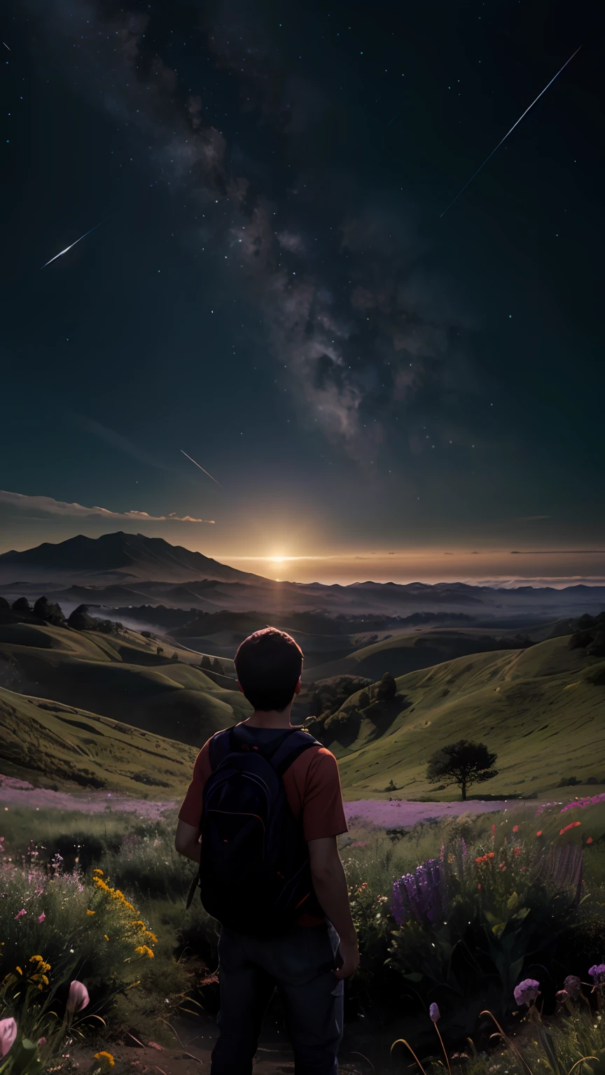 Expansive landscape photography，（a bottom view showing the sky above and open country below），A boy stands in a field of flowers looking up，（moon full：1.4），（meteors：0.9），（Starcloud：1.3），mountain in the distance，tree-breaking production art，（Warm light source：1.2），（glowworm：1.2），Lots of purple and orange，Complicated details，Volumetriclighting，BREAK realism（tmasterpiece： 1.2） ， （best qualtiy）， 4K， ultra - detailed， （Dynamic synthesis： 1.4）， highly  detailed， Colorful detailed， （Irridescent color： 1.2）， （Bright lighting， Atmospheric lighting）， dream magical， magic， （solo： 1.2）