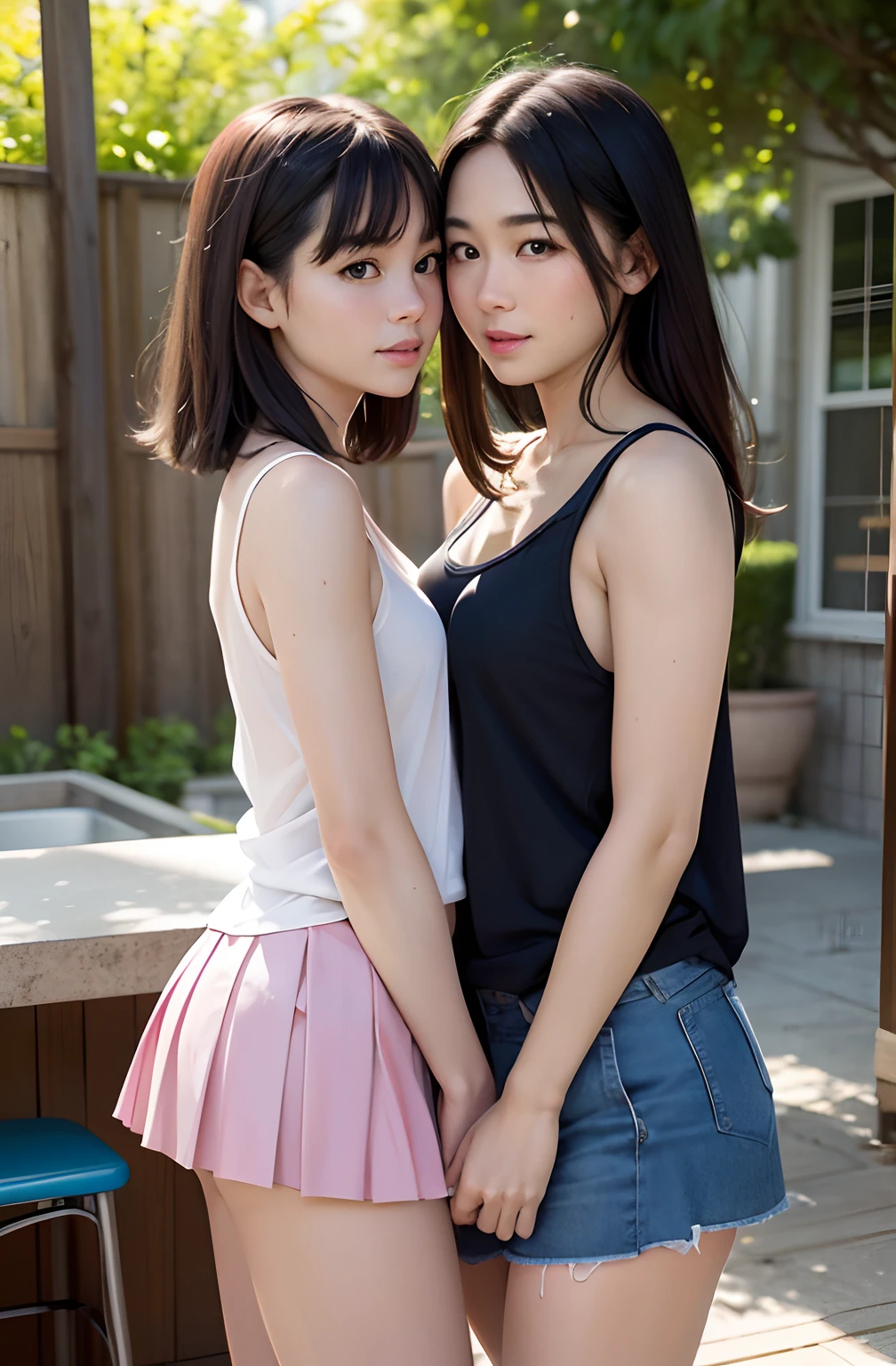 Two asian women in short skirts posing for a picture - SeaArt AI