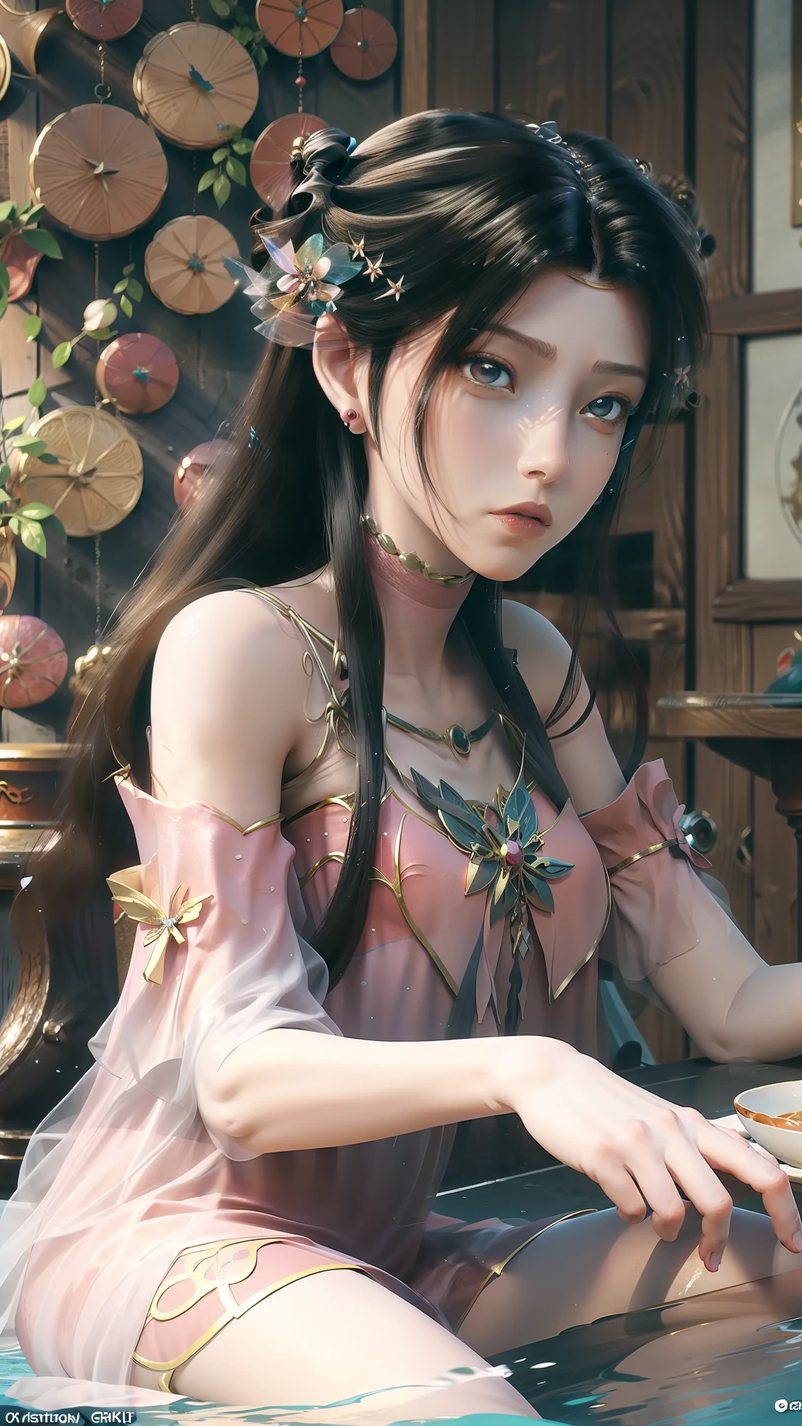 The Arad woman in the dress sits at the table, closeup fantasy with water magic, 2. 5 D CGI anime fantasy artwork, Anime fantasy illustration, Detailed digital anime art, beautiful fantasy anime, Smooth anime CG art, Anime fantasy artwork, 8K high quality detailed art, Realistic anime 3 D style, ultra detailed water, beautiful and seductive anime woman