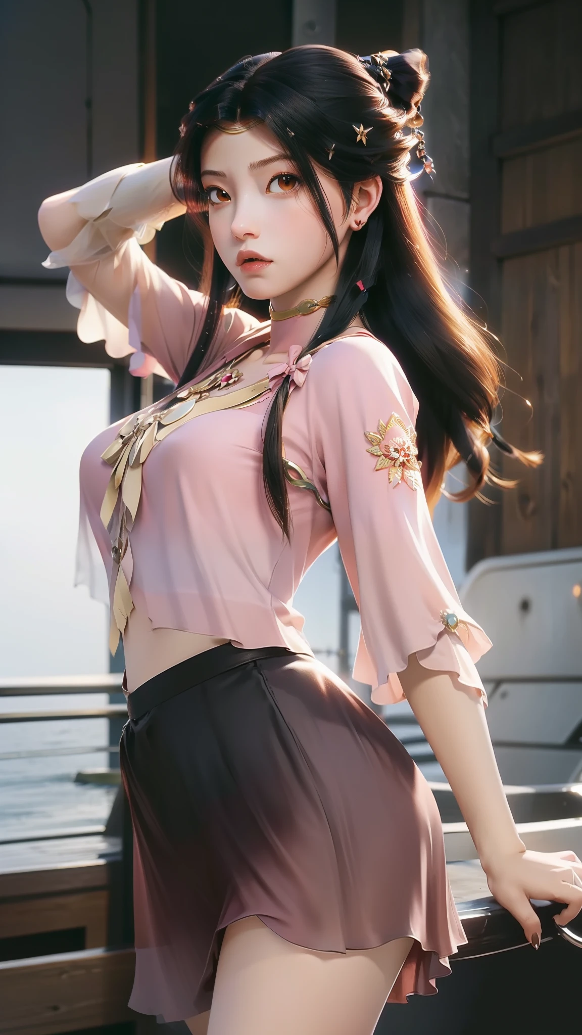 Close-up of a woman in a short skirt standing on a boat, Extremely detailed Artgerm, Range Murata and Artgerm, Style Artgerm, art-style, trending artgerm, beautiful and seductive anime woman, IG model | Art germ, Artistic germ style, 《overwatch》Anna, like artgerm