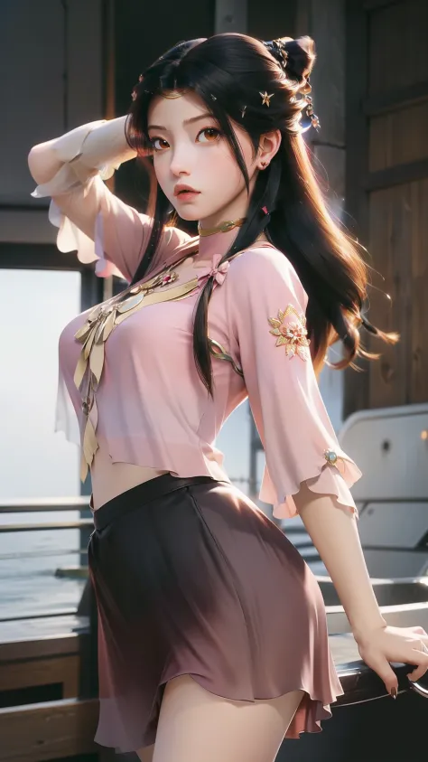 close-up of a woman in a short skirt standing on a boat, extremely detailed artgerm, range murata and artgerm, style artgerm, ar...