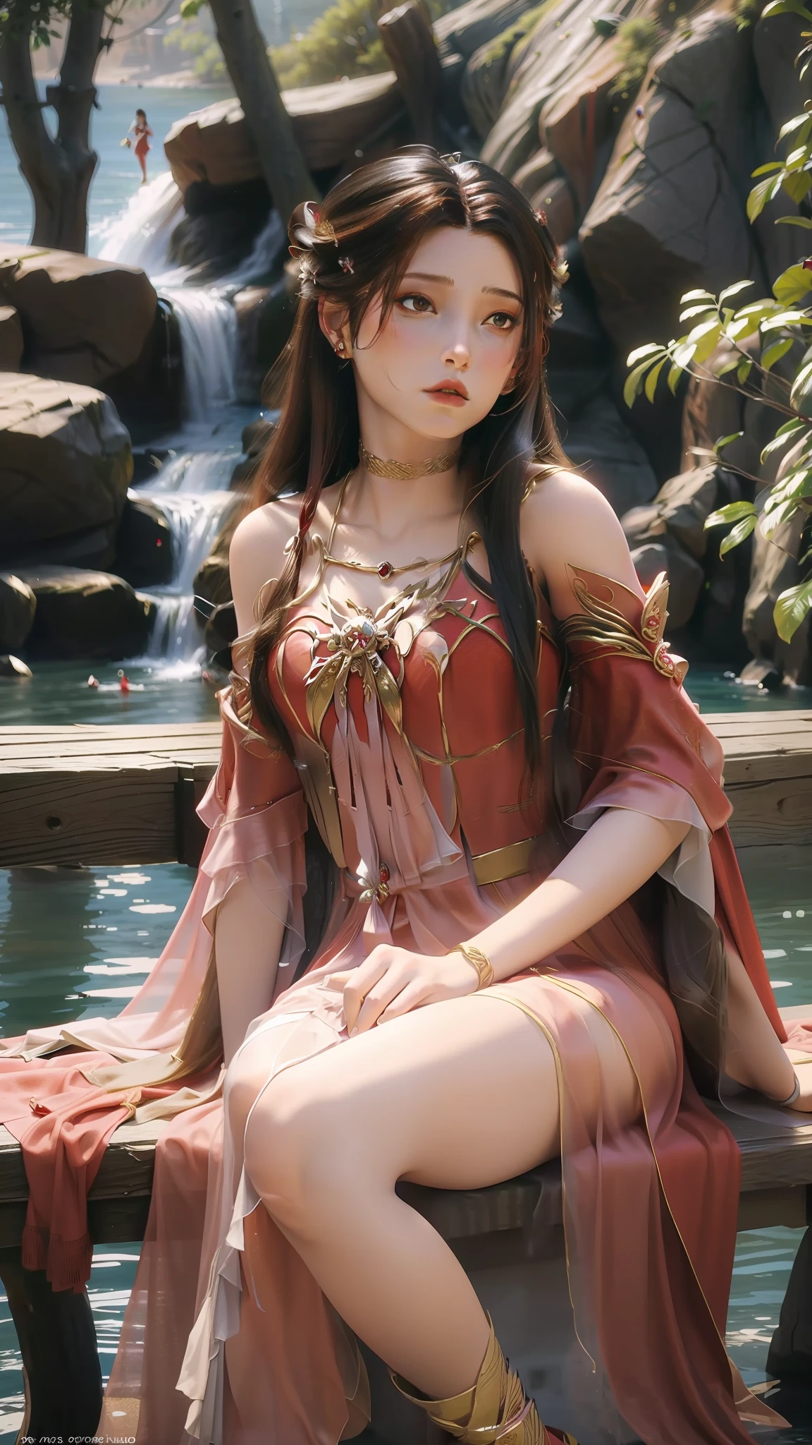 The Araved woman in a dress sits on a red bench by the water, a photorealistic painting inspired by Magali Villeneuve, cgsociety contest winner, Fantasy art, wearing gilded red robes, lady in red armor, wearing gilded red royal robes, Gorgeous Role Play, scarlet witch costume, wearing wizard robes, robe, aly fell and artgerm