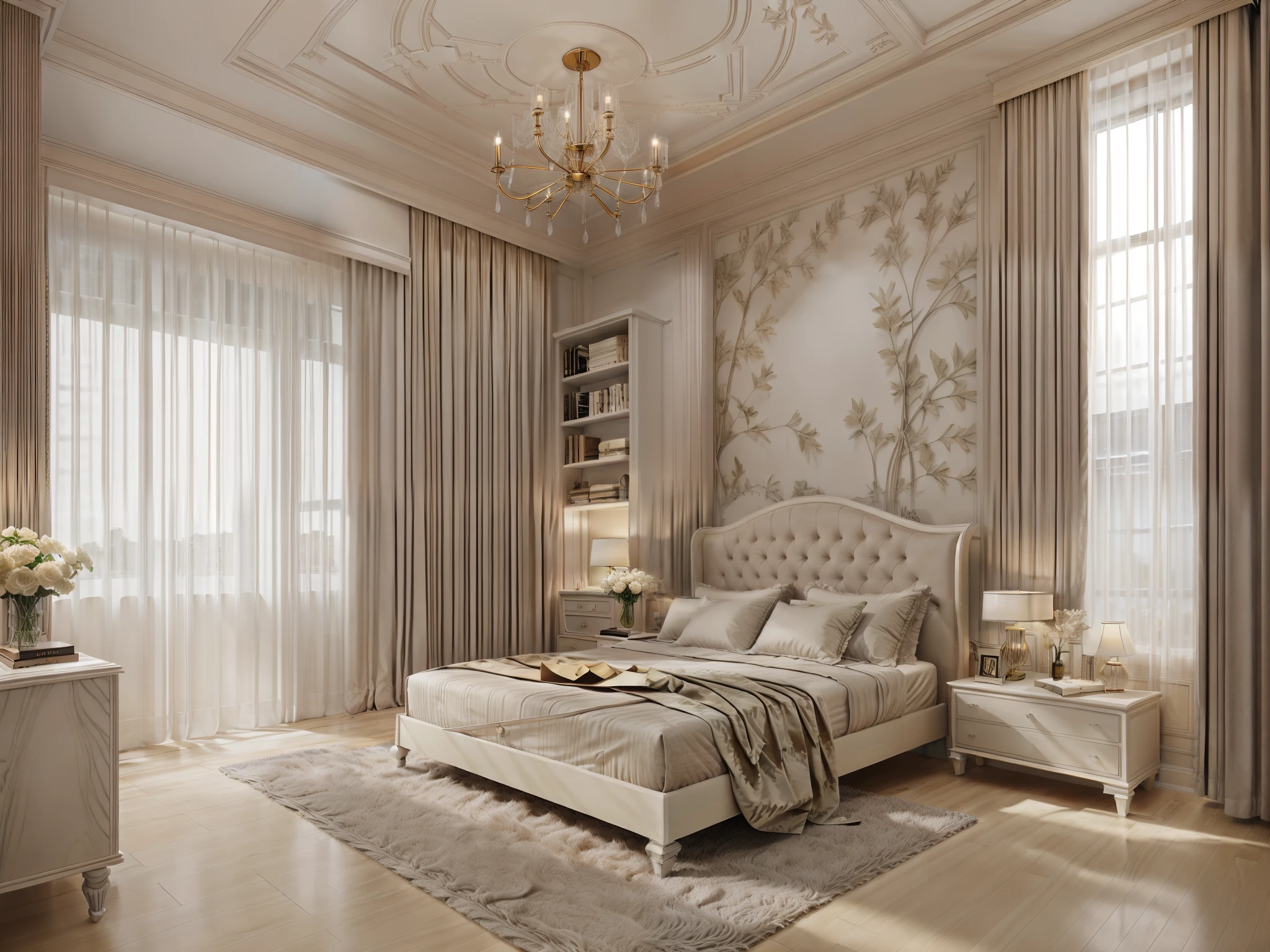 In fact, honesty, details, smooth light, super realistic natural light from to windonw to  room , 

Neoclassical style bedroom, 

1 bed, 1 cabinet, headboard wall, gray curtains, fur RUP circel , fish bone floors brown, Flat ceiling shocked, with only ran around the ceiling neck, Neoclassical wall mural,