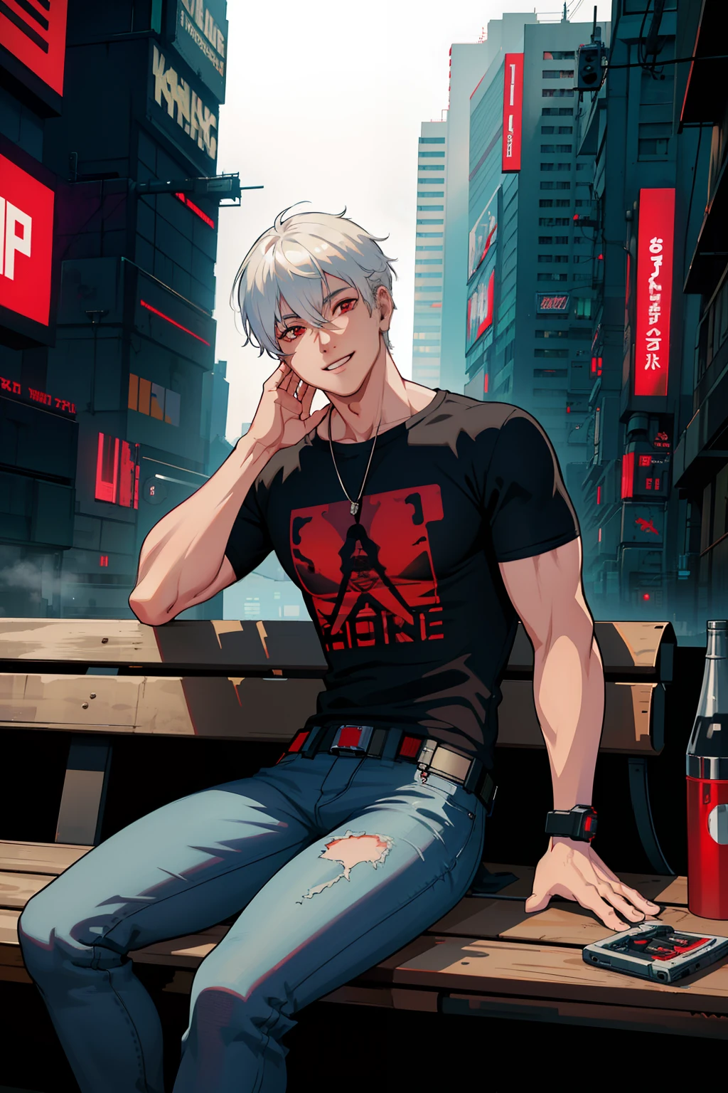 masterpiece, high quality, best quality, beautiful, hd, realistic, perfect lighting, detailed face, detailed body, 1 man, (white hair), red eyes, manly, (brutal), black t-shirt, jeans, sitting on a bench,  ((cyberpunk)), (fog), smile