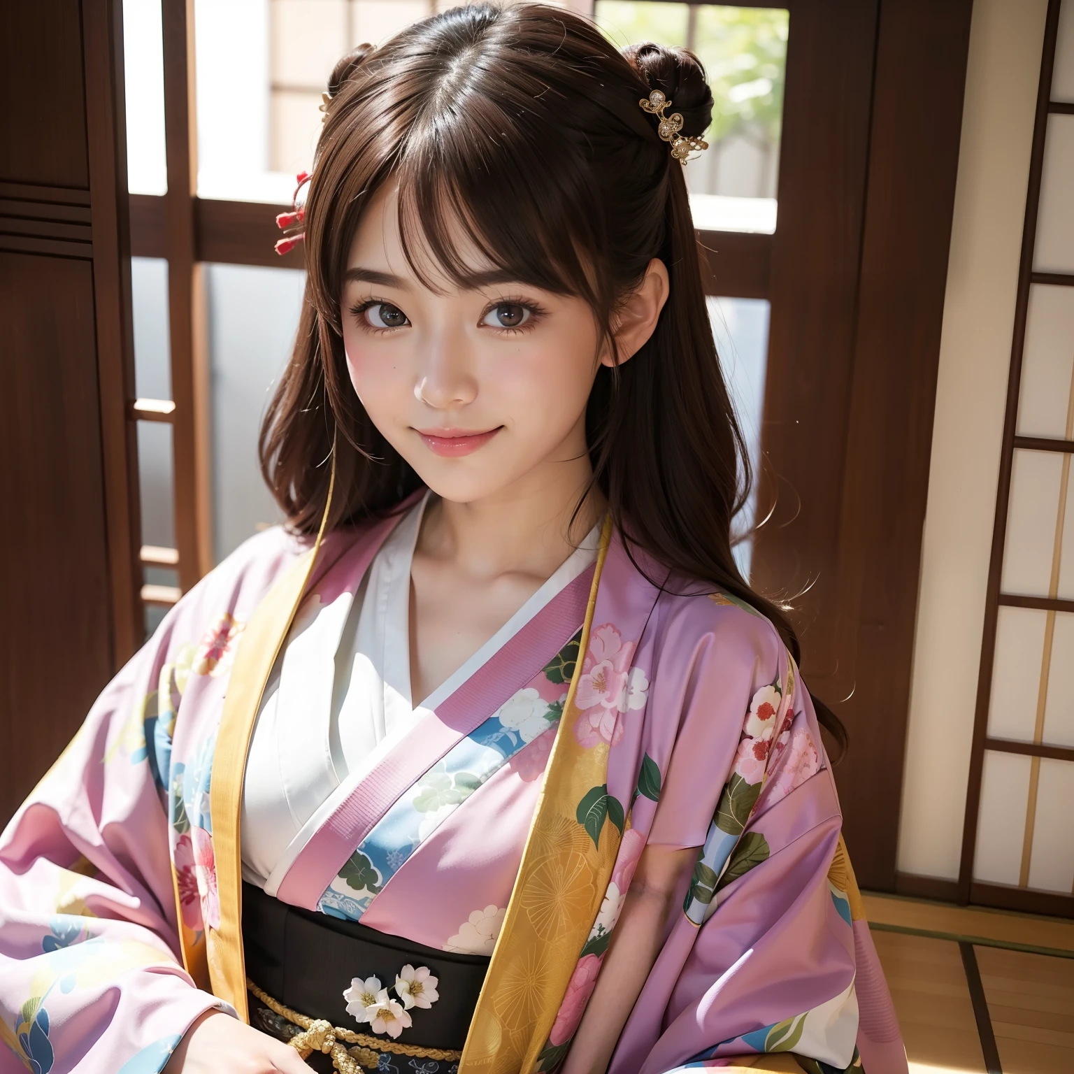 meilleure qualité, dessus de la table, (réaliste:1.2), 1 fille, cheveux bruns, yeux noirs,Devant, visage détaillé, Beaux yeux, Elle aime. Ça a l&#39;air très amusant de porter un kimono et de jouer dans la salle de style japonais. . Elle a accessoirisé avec un petit, . Durant le jeu, Fille en kimono coloré et scintillant、Elle sourit en plein soleil、Un peu gros、corps entieresbienne。