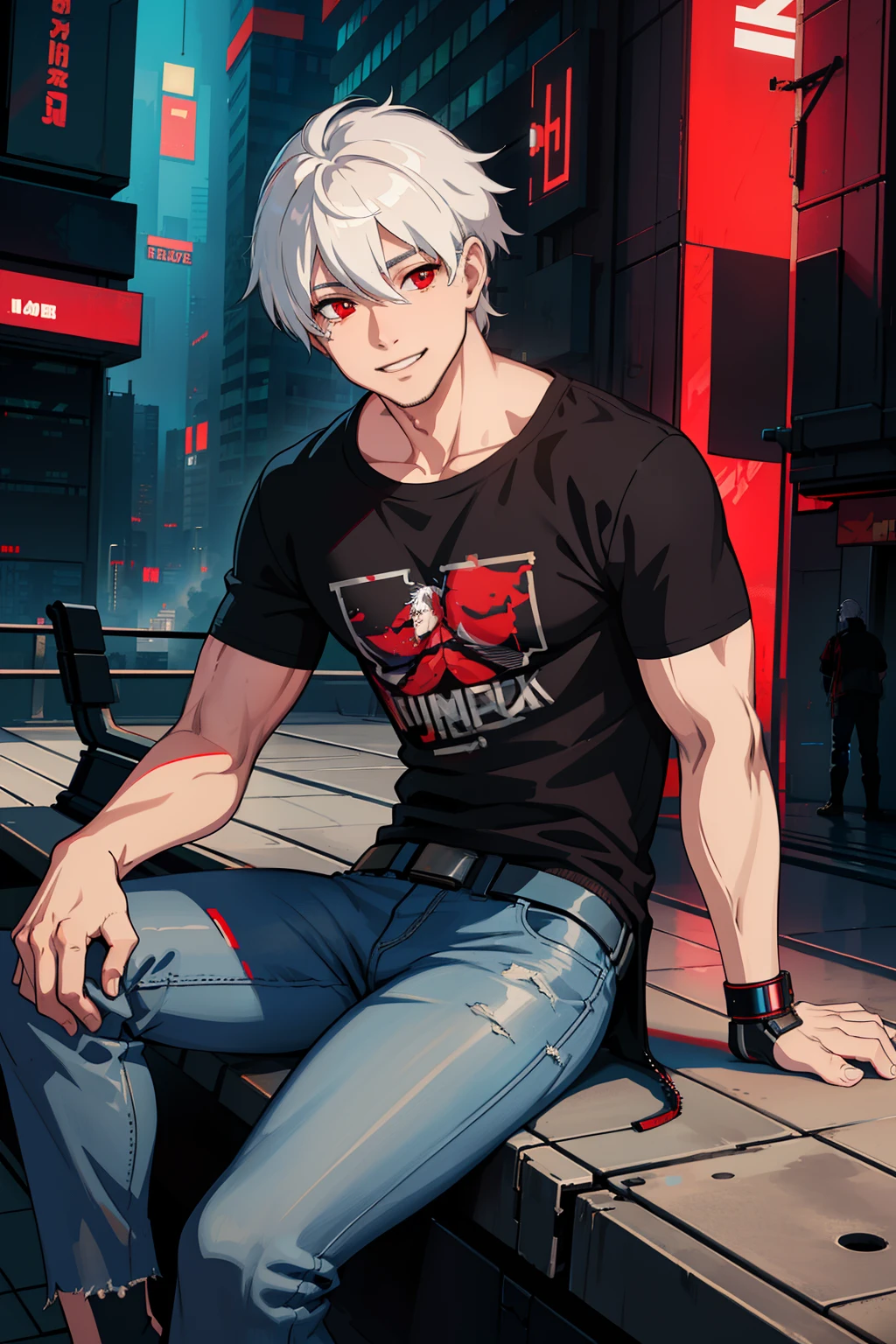 masterpiece, high quality, best quality, beautiful, hd, realistic, perfect lighting, detailed face, detailed body, 1 man, (white hair), red eyes, manly, (brutal), black t-shirt, jeans, sitting on a bench,  ((cyberpunk)), (fog), smile