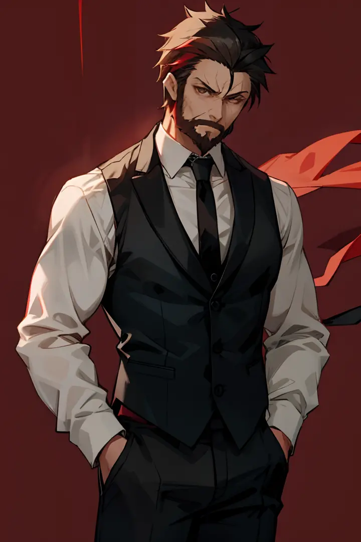 Kruger, 1boy, Male Focus, Solo, neck tie, Formal, Suit, Red background, Black Suit, hands on pockets, vests, red necktie, Looking at Viewer, Pants, Shirt,muscular male, Solo, yui,large pectoral muscles,