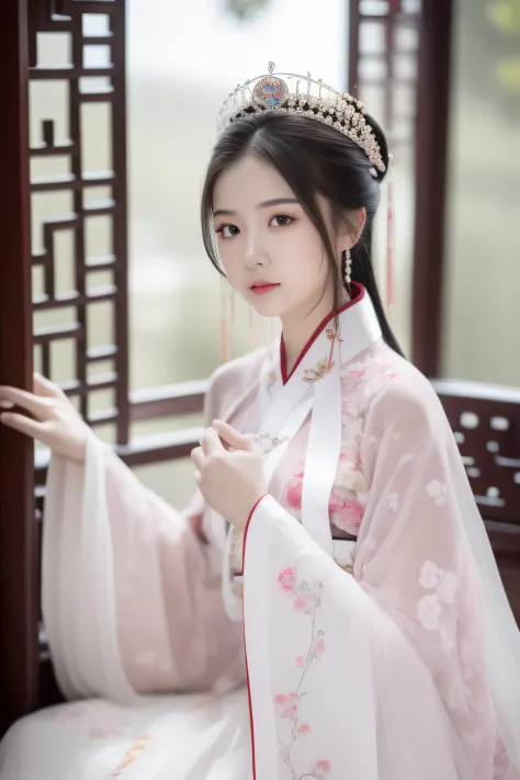 A woman in a white dress in the palace ， A girl in Hanfu, Wearing ancient Chinese clothes, Hanfu, Princesa chinesa antiga, China...