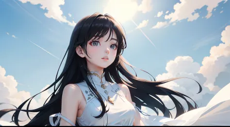 tmasterpiece，best qualtiy，1 girl with long flowing black hair，warm sunlight，White transparent dress，Clouds，Skysky，Tano，The skin ...