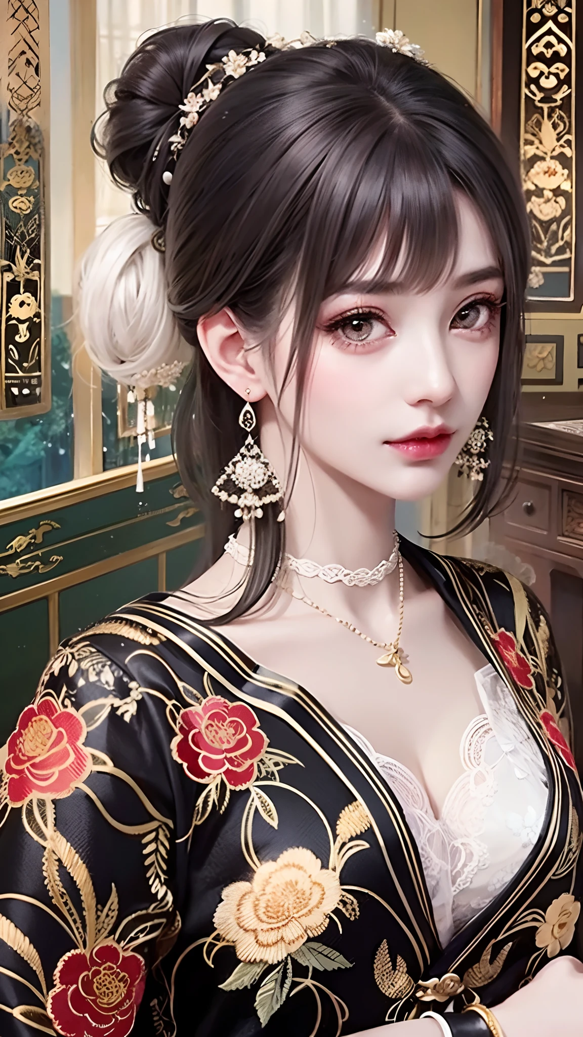 the detail,8K resolution,Ultra-high resolution,A young Miao girl, a cute girl，short detailed hair，hair-bun，lipsticks，Tassel earrings，choker necklace，Black clear eyes，Smooth hair,clavicle,Delicate and perfect facial features, the most beautiful big eyes,Long eyelashes,The eyes are sweet and there are lying silkworms，dynamic angle,extreme picture quality,Highest precision,Precise and perfect human anatomy，(((Slim black antique Han clothes，Red embroidery)))，((sitted))，Warm scene，Ultra-high resolution，Ultra-clear Chinese antique style black flowing hair with a delicate bun）By bangs，（Long flowing hair，With a bun:1.3）），Delicate collarbones，beautiful make up，Exquisite and perfect facial features，，Big watery eyes，Lying silkworm，Long eyelashes，The eyes are sweet and have eye shadow，Slim waist，Do not show your hands，，lipsticks，Blushlush，Delicate earring earrings，
