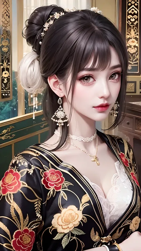 the detail,8K分辨率,超高分辨率,A young Miao girl, a cute girl，short detailed hair，hair-bun，lipsticks，Tassel earrings，choker necklace，Bla...