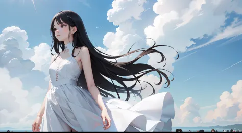 tmasterpiece，best qualtiy，1 girl with long flowing black hair，White dress，Clouds，Skysky，Tano，The skin is delicate，Delicate and b...