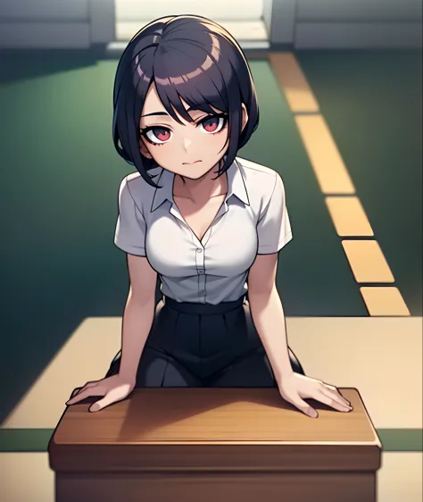 Anime girl sitting on table in school uniform, Realistic schoolgirl, Surrealism female students, Surrealism female students, ani...