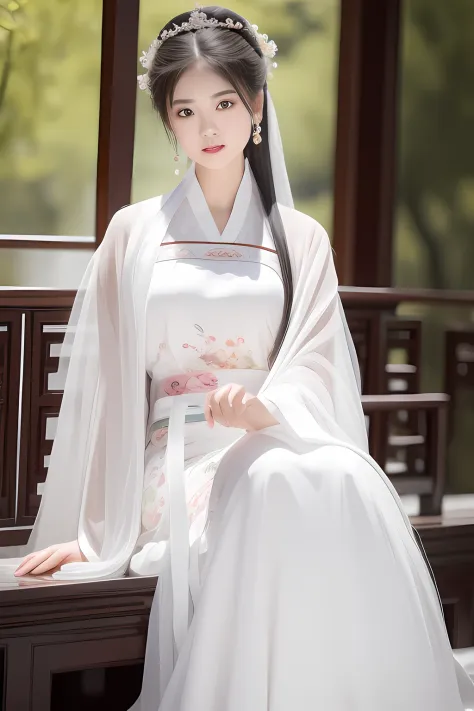 A woman in a white dress in the palace ， A girl in Hanfu, Wearing ancient Chinese clothes, Hanfu, Princesa chinesa antiga, China...