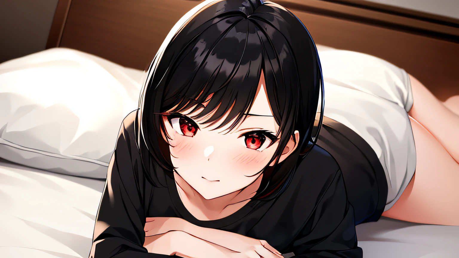 masterpiece, high quality, 8k, beautiful lighting, doga kobo, anime scene, profile, 1girl, nagase_sara, black hair, medium hair, small breast, red eyes, casual clothes, looking at viewer, innocent face, seductive, bedroom, lay down, from above