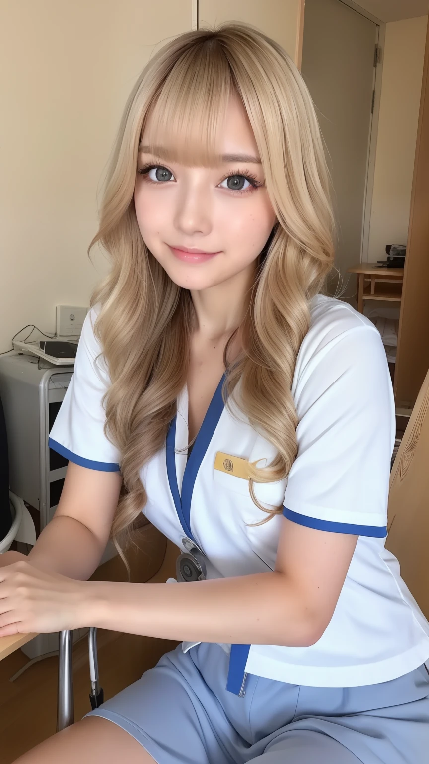 4K、Raw photo、Photoreal Stick、hight resolution、Cute 25 year old woman in Japan , Face like an idol、skin tanned、sun burn、Light blonde medium wavy hair、With bangs、 Cute Real Photo Girl、、Facility Manager、Sitting on a chair in a nursing home office、Looking at the camera
