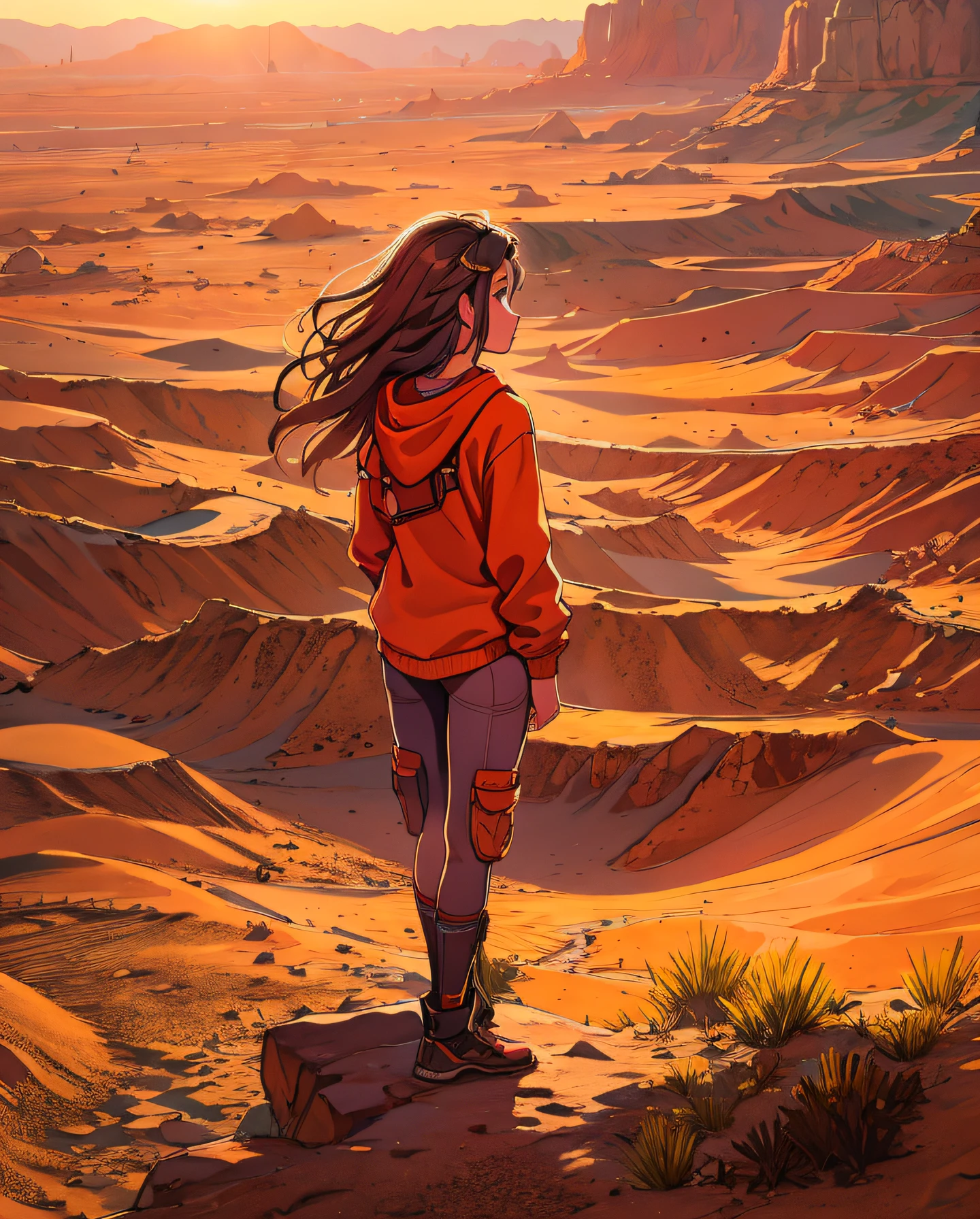 Discover a unique perspective where a young girl wears a casual shirt paired with a hoodie and leggings, seen from an upside-down viewpoint. She's standing on the edge of a towering cliff overlooking a vast, otherworldly desert. The horizon is painted in shades of deep oranges and reds as the sun sets, casting a warm glow across the sand dunes and rocky formations. The wind tousles the girl's hair, imbuing the scene with a sense of both solitude and grandeur. The mood is contemplative and adventurous, evoking thoughts of exploration and self-discovery. The chosen style is a detailed digital artwork with intricate textures and meticulous attention to the girl's clothing and the rugged landscape