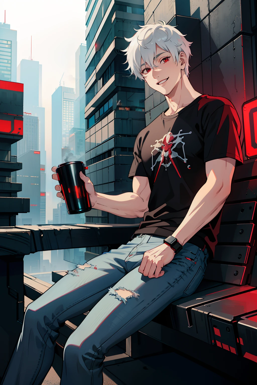 masterpiece, high quality, best quality, beautiful, hd, realistic, perfect lighting, detailed face, detailed body, 1 man, (white hair), red eyes, manly, (brutal), black t-shirt, jeans, sitting on a bench,  ((cyberpunk)), (fog), smile