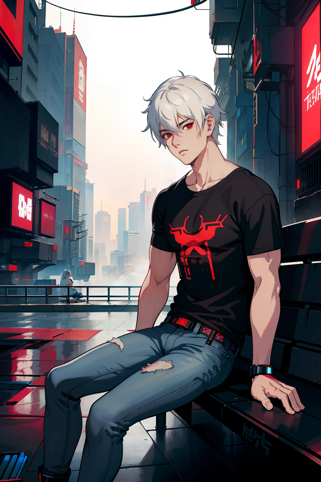 masterpiece, high quality, best quality, beautiful, hd, realistic, perfect lighting, detailed face, detailed body, 1 man, (white hair), red eyes, manly, (brutal), black t-shirt, jeans, sitting on a bench,  ((cyberpunk)), (fog), shocked