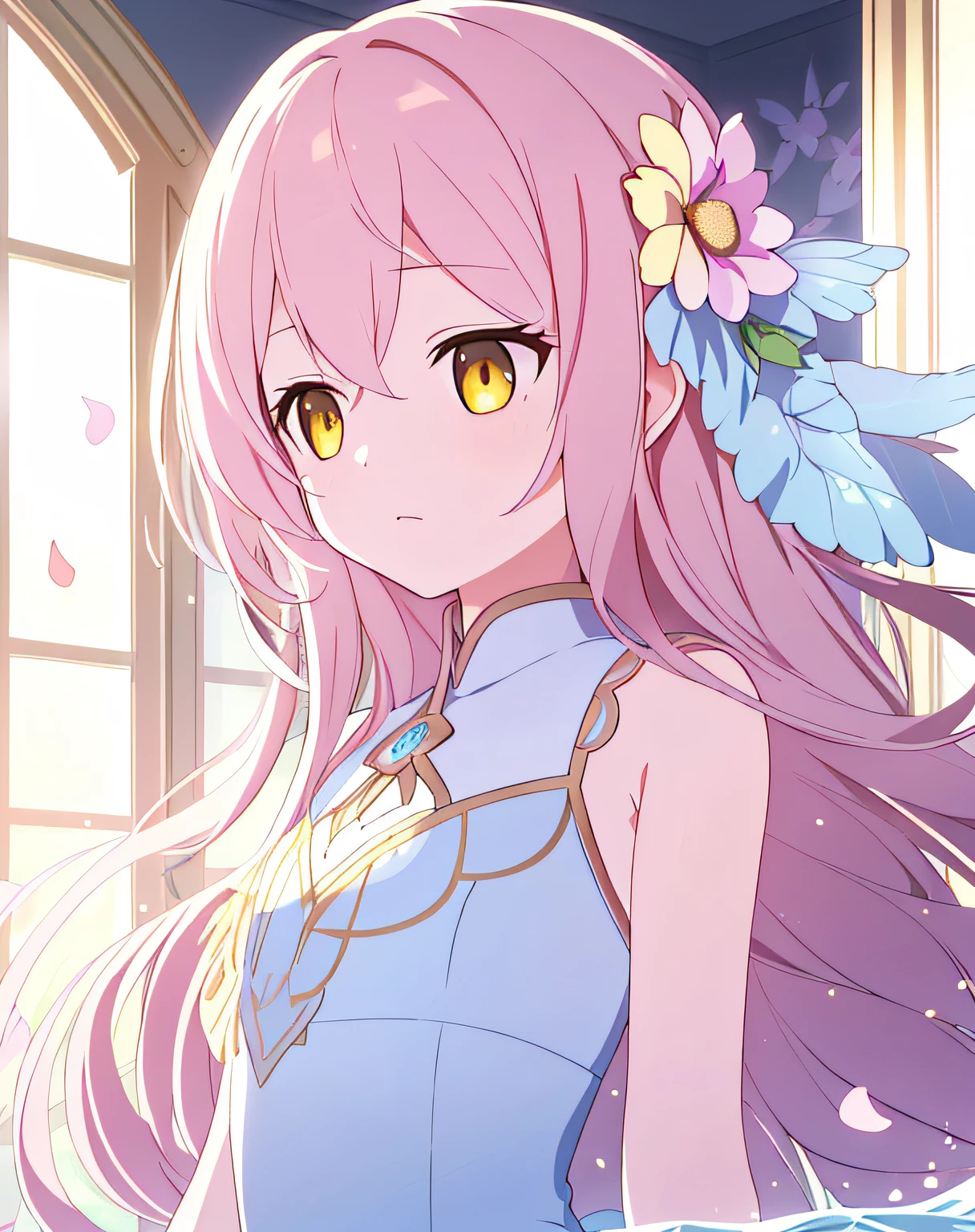 (masterpiece), best quality, illustration, (close-up:1.35), blue eyes, 1girl, floating, floating hair, (loli:1.2),arms behind back, (gold flower:1.4), expressionless, flat chest, white dress, underwater, flower pattern in dress, {{wavy hair}}, {{{dishevled hair}}}, {{{very long hair}}},(water:1.4), mika_misono, (masterpiece), (((extremely detailed CG unity 8k wallpaper))), day,, best quality, illustration, beautiful detailed girl, lying at the window, depth of field, detailed face and beautiful face,wide-eyed, frills, elegant, muted colors, sweet, sketch by jean - baptiste monge, embroidered, filigreed, long hair, pink hair, yellow eyes,, sparkle, light rays, lens flare, light particles, hyper detailed, exquisite detail, cinematic lighting, sharp focus, bokeh highlight, cinematic postprocessing,, falling petals, butterfly, mystic atmosphere, pool, after rain, feathers,