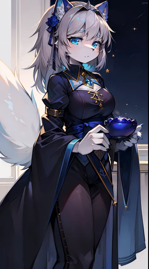 star accessories，Servant master dressed up，Big-tailed wolf，Gray hair，blue color eyes，female