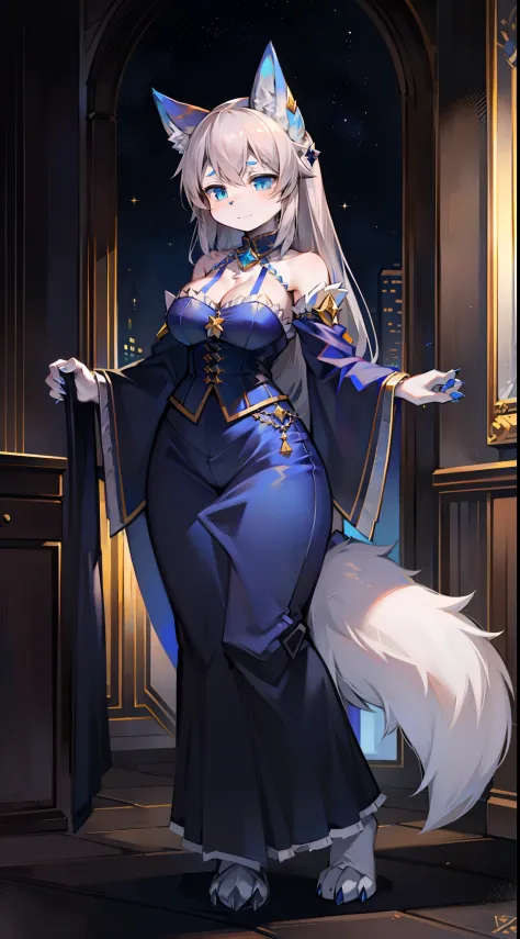 star accessories，Servant master dressed up，Big-tailed wolf，Gray hair，blue color eyes，female