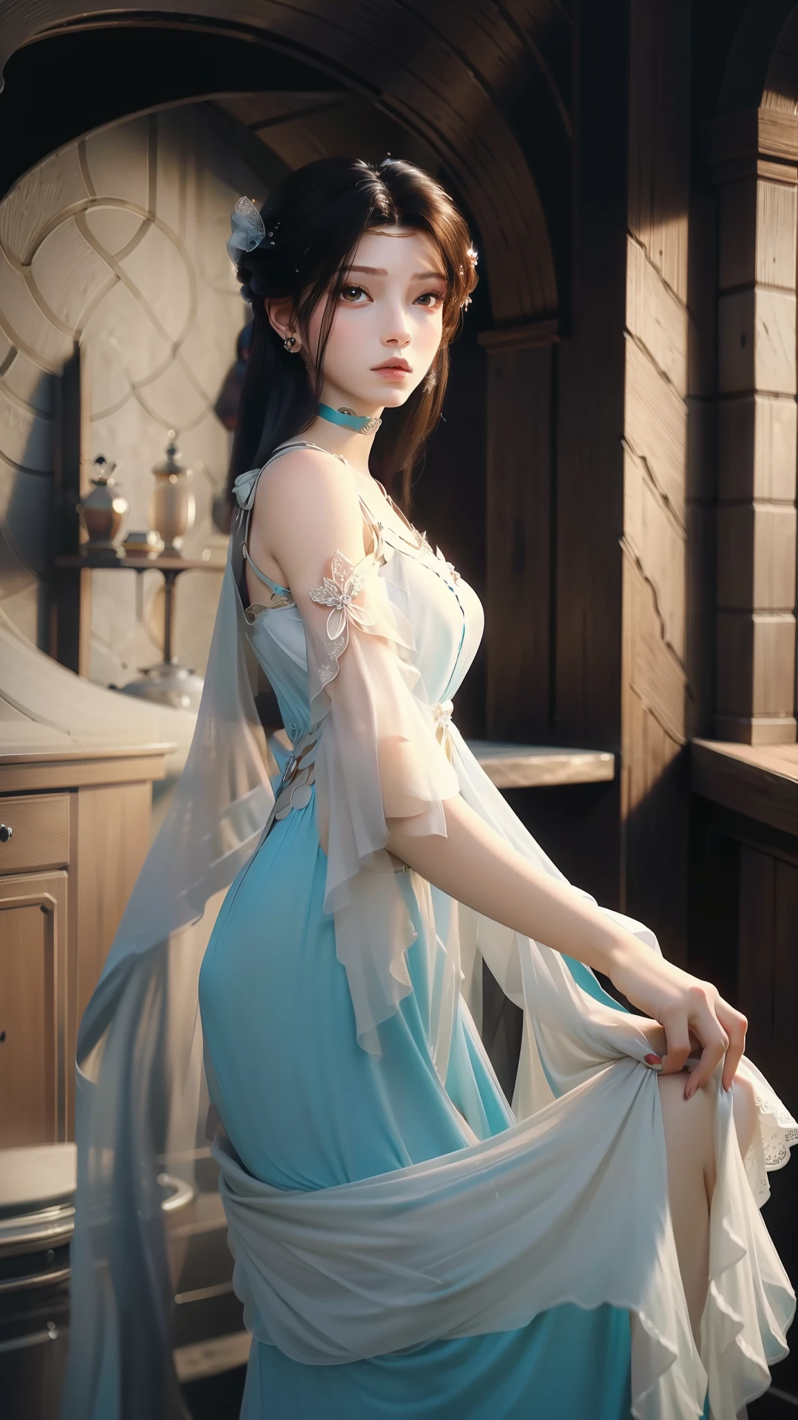 tmasterpiece，Best picture quality，HD 8K wallpaper，Beautiful picture，Elegant single woman，Round dress，Shiny eyes，Detail at its best，An exquisite masterpiece，Pure beauty and lightness，Moderately aesthetic，Gentle and elegant，Attention to detail，Round princess dress in teal and white lace，Immortal