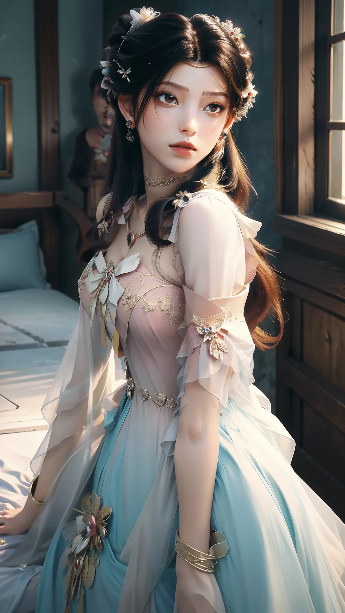 tmasterpiece，Best picture quality，HD 8K wallpaper，Beautiful picture，Elegant single woman，Round dress，Shiny eyes，Detail at its best，An exquisite masterpiece，Pure beauty and lightness，Moderately aesthetic，Gentle and elegant，Attention to detail，Round princess dress in teal and white lace，Immortal