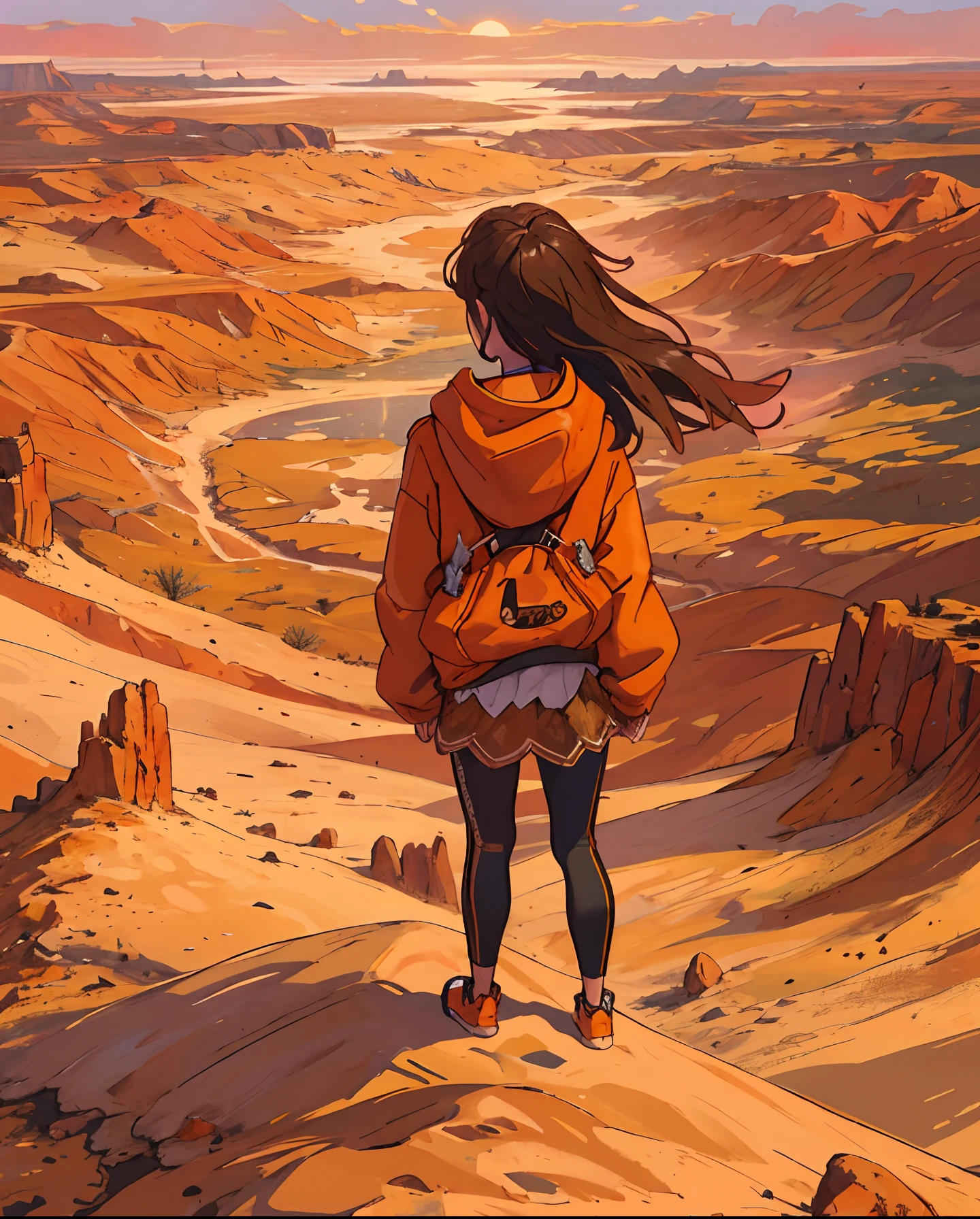 Discover a unique perspective where a young girl wears a casual shirt paired with a hoodie and leggings, seen from an upside-down viewpoint. She's standing on the edge of a towering cliff overlooking a vast, otherworldly desert. The horizon is painted in shades of deep oranges and reds as the sun sets, casting a warm glow across the sand dunes and rocky formations. The wind tousles the girl's hair, imbuing the scene with a sense of both solitude and grandeur. The mood is contemplative and adventurous, evoking thoughts of exploration and self-discovery. The chosen style is a detailed digital artwork with intricate textures and meticulous attention to the girl's clothing and the rugged landscape