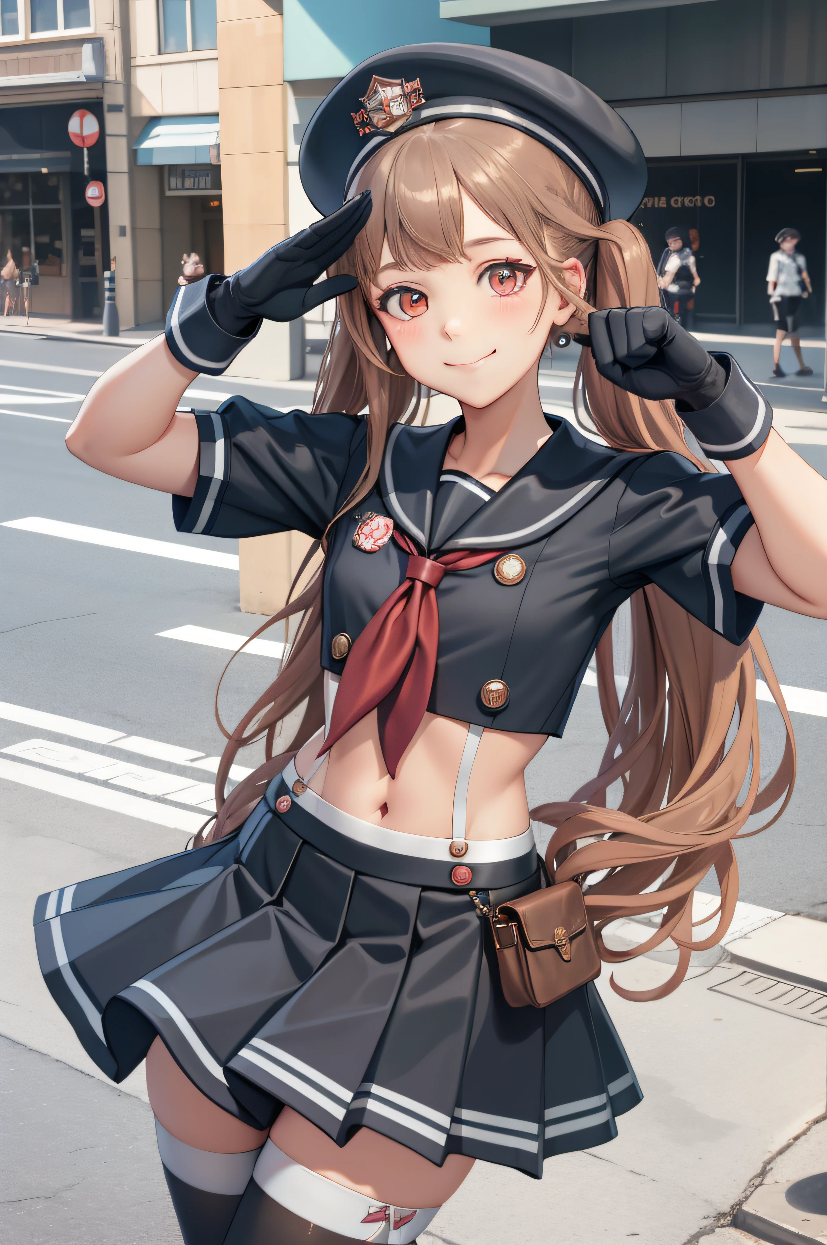 masterpiece, best quality, miranda, hat, serafuku, midriff, red neckerchief, pleated skirt, black gloves, black thighhighs, cowboy shot, looking at viewer, smile, city street, closed mouth, hand to hip, salute