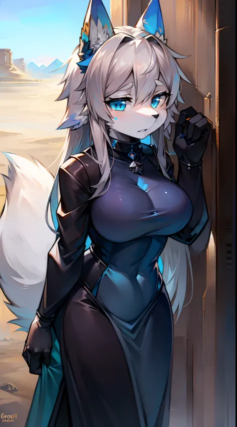 A desert，Big-tailed wolf，Gray hair，blue color eyes，female