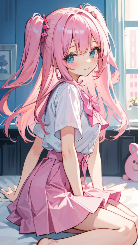 beautiful illustration, best quality, cute girl, bedroom, pink hair, happy, miniskirt, white blouse, two side up