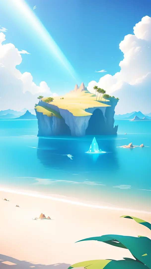 There is a cartoon picture，Inside there is an island in the ocean, Island background, arte de fundo, island with cave, an island in the background, Relaxing concept art, Amazing wallpapers, Floating island, island landscape, splash screen art, Anime backgr...